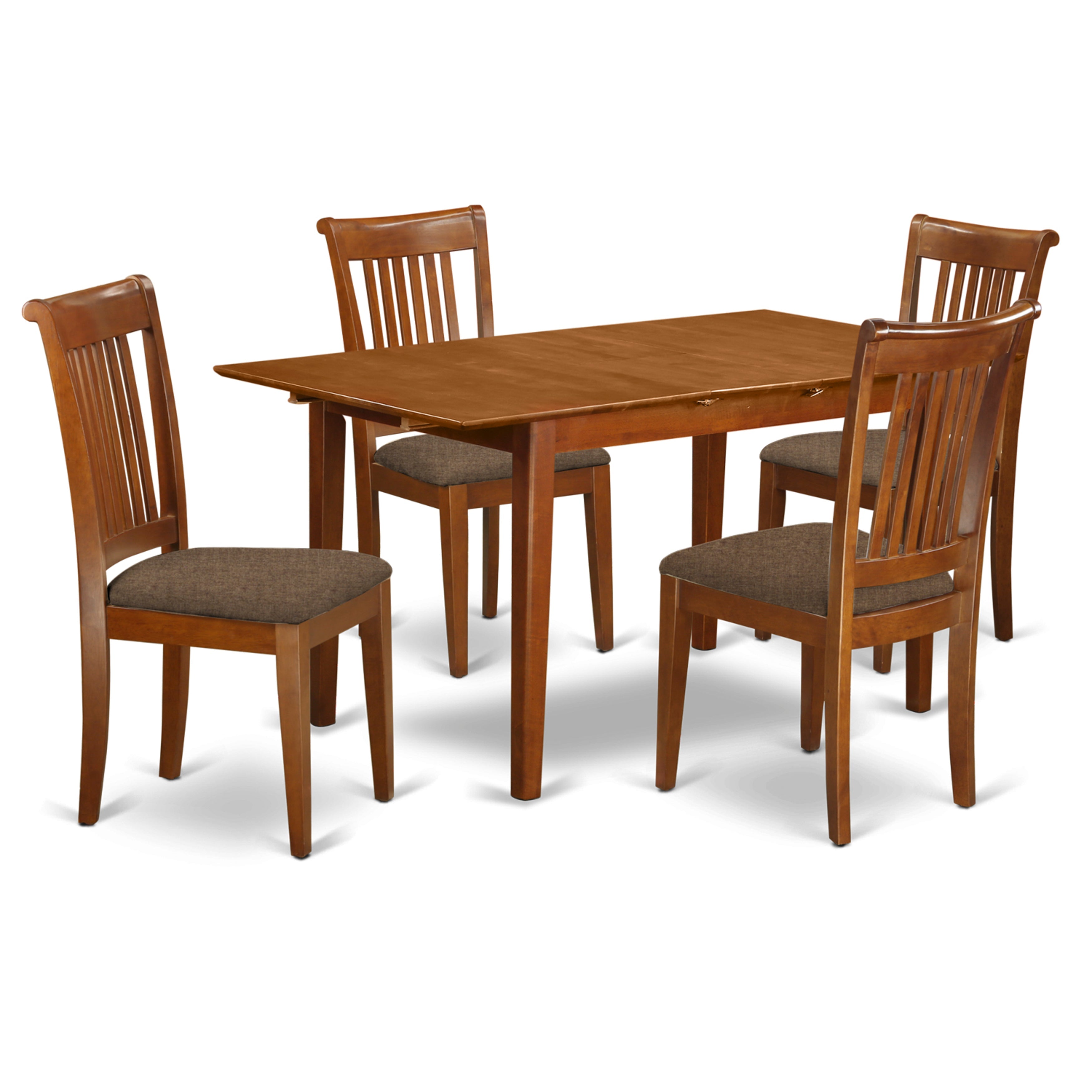 El juego de mesa de comedor East West Furniture PSPO5-SBR-C de 5 piezas incluye una mesa de cocina rectangular con diseño de hojas de mariposa y 4 sillas de comedor tapizadas en tela de lino.