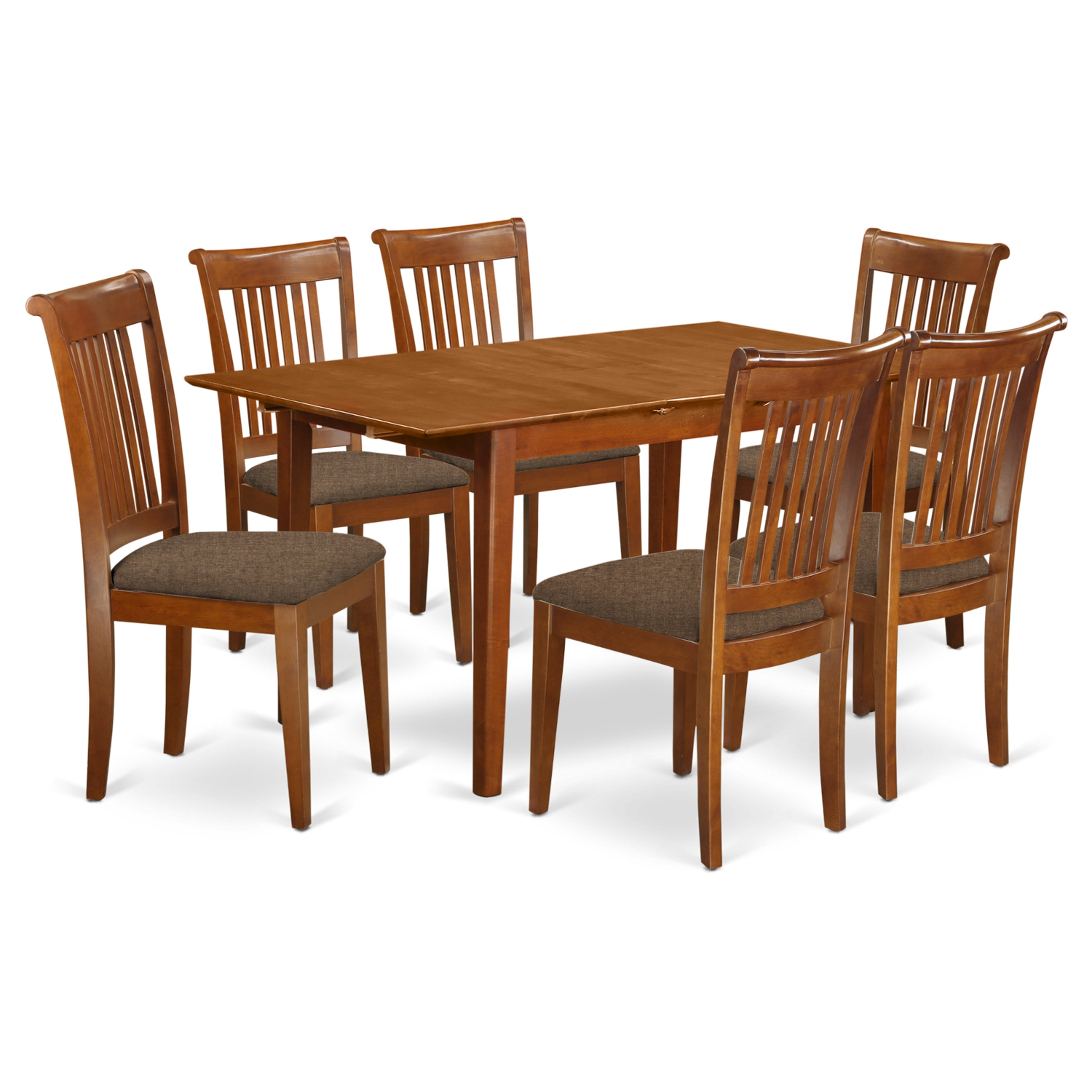 Juego de comedor East West Furniture PSPO7-SBR-C de 7 piezas compuesto por una mesa de comedor rectangular con hojas de mariposa y 6 sillas de comedor tapizadas en tela de lino.
