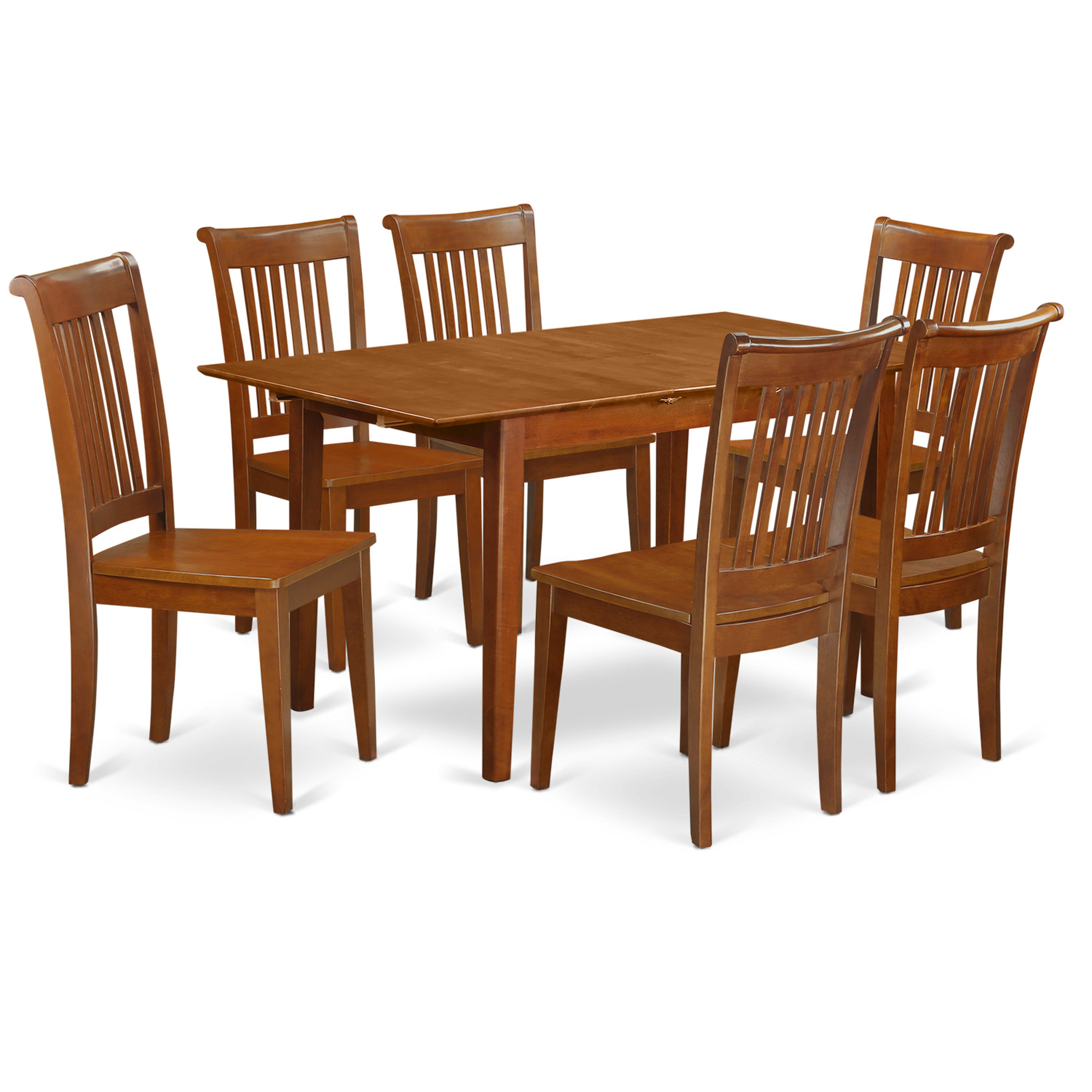 Juego de comedor East West Furniture PSPO7-SBR-W de 7 piezas compuesto por una mesa rectangular con hojas de mariposa y 6 sillas con asiento de madera.
