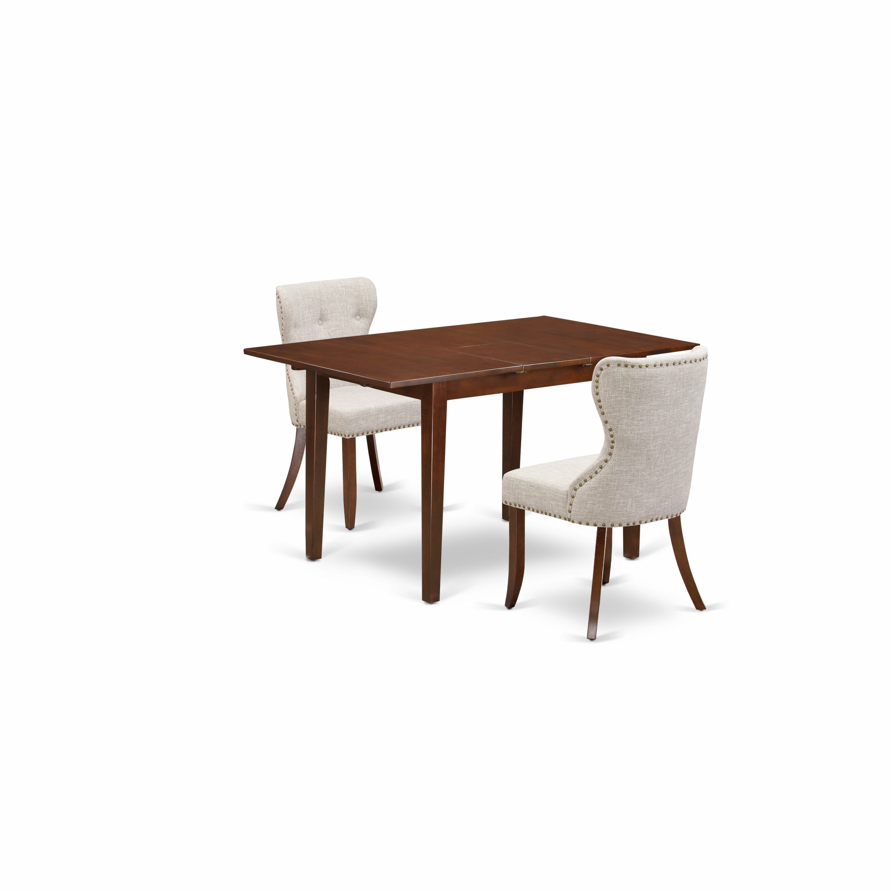 East-West Furniture PSSI3-MAH-35 - A dinette set of 2 fantastic parson chairs using Linen Fabric Doeskin color and an attractive 12" butterfly leaf rectangle kitchen table in Mahogany Finish
