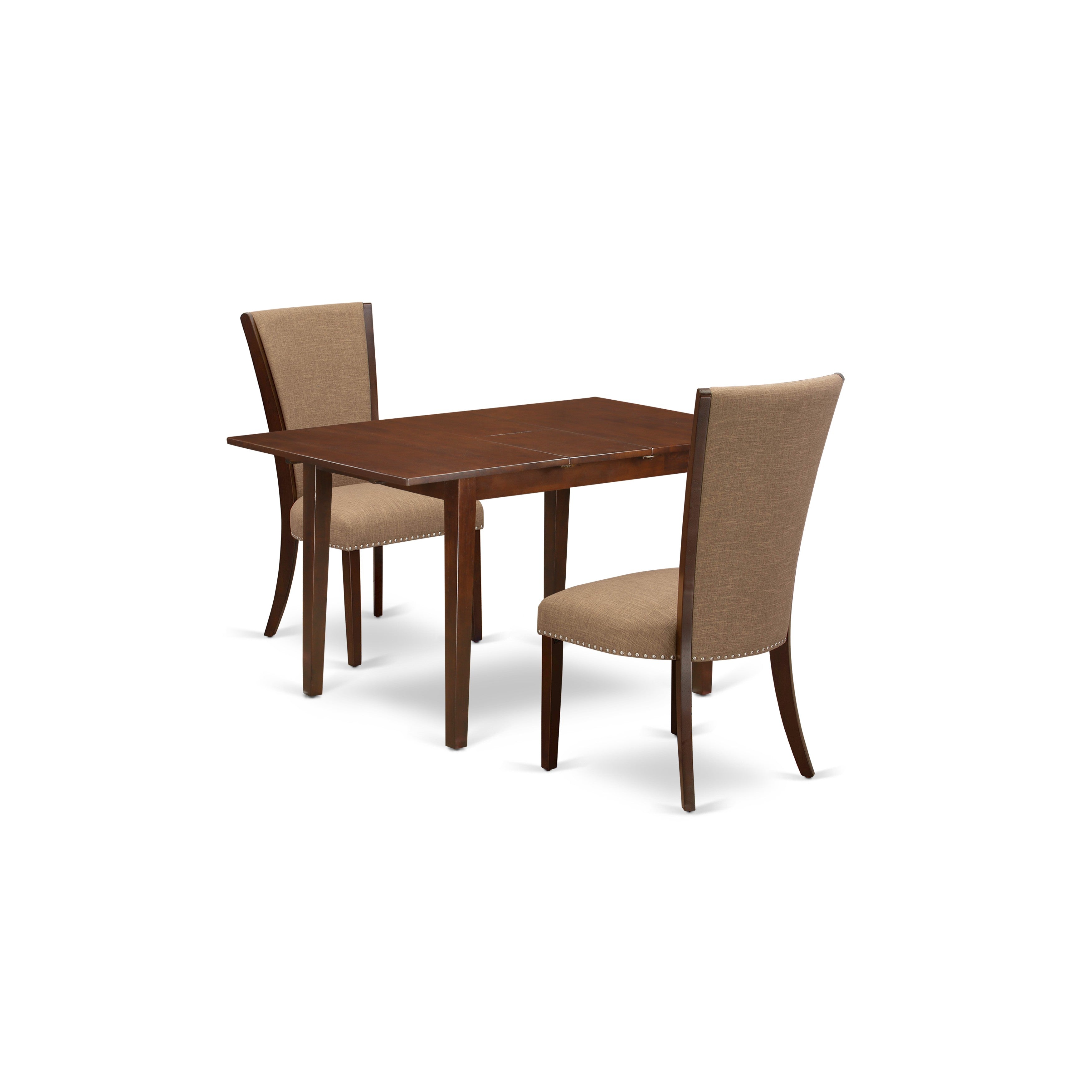 EAST WEST FURNITURE - PSVE3-MAH-47 - 3 Piece Dining Table Set - 2 Light Sable Linen Fabric Padded Parson Chairs with High Back and 1 Removable leaf Kitchen Dining Table - Mahogany Finish