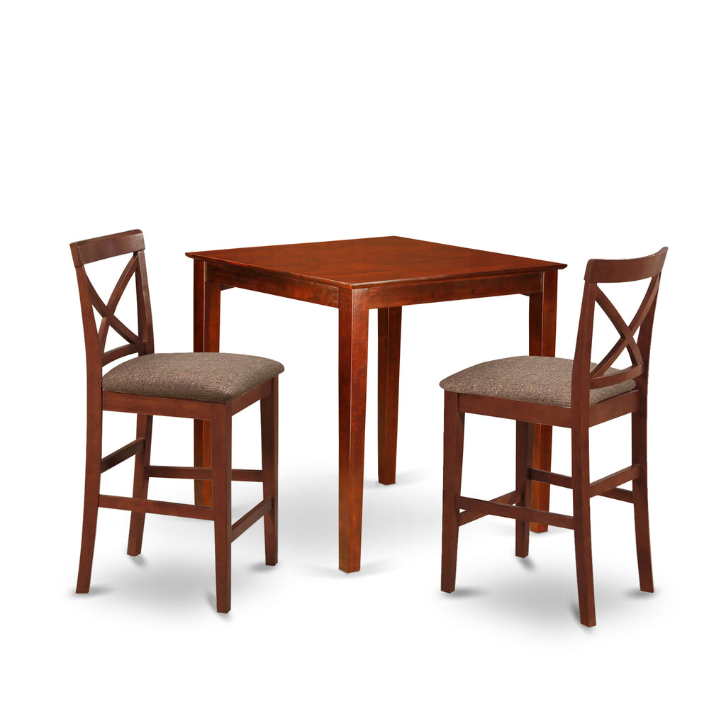 East West Furniture PUBS3-BRN-C 3 Piece Counter Height Dining Set for Small Spaces Contains a Square Kitchen Table and 2 Linen Fabric Dining Room Chairs