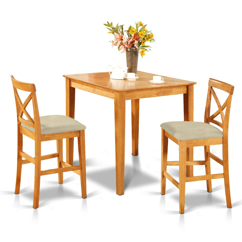 East West Furniture PUBS3-OAK-C 3 Piece Kitchen Counter Set for Small Spaces Contains a Square Dining Table and 2 Linen Fabric Dining Room Chairs