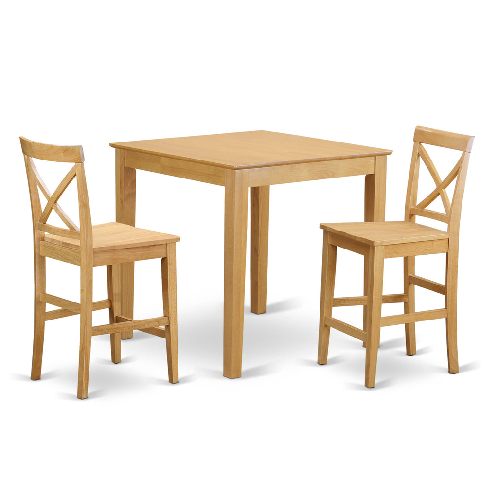 East West Furniture PUBS3-OAK-W 3 Piece Counter Height Dining Set for Small Spaces Contains a Square Wooden Table and 2 Kitchen Chairs
