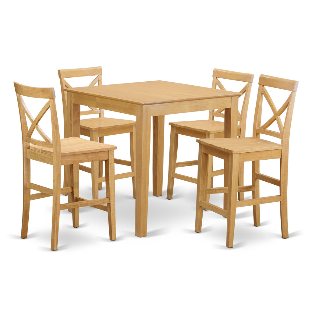 East West Furniture PUBS5-OAK-W 5 Piece Kitchen Counter Set Includes a Square Dining Table and 4 Dining Room Chairs, 36x36 Inch, Oak