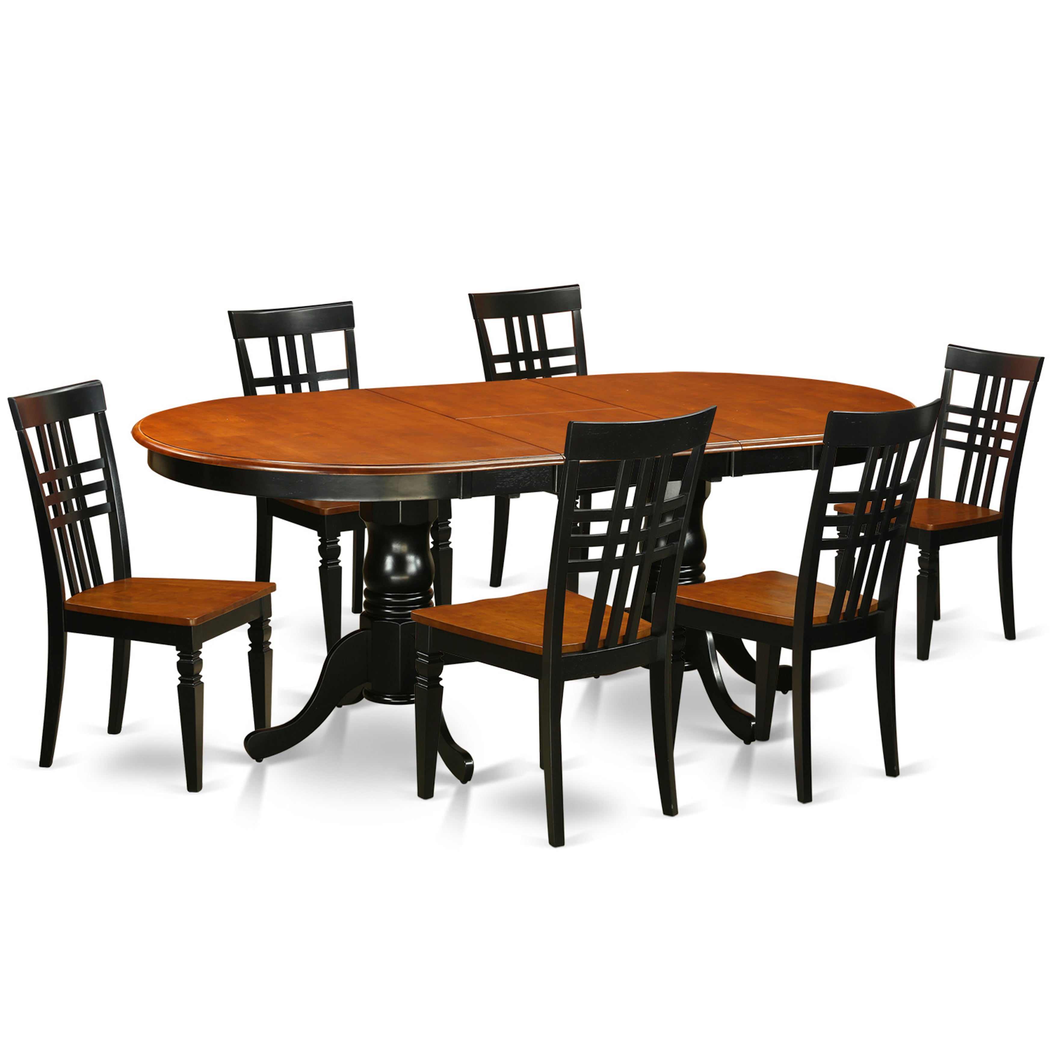 Juego de mesa de comedor de 7 piezas PVLG7-BCH-W de East West Furniture. Incluye una mesa de comedor ovalada con hojas de mariposa y 6 sillas con asiento de madera.