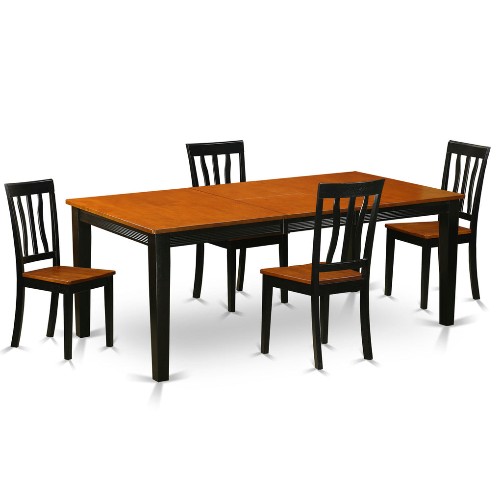 Juego de mesa de comedor de 5 piezas East West Furniture QUAN5-BCH-W. Incluye una mesa de cocina rectangular con diseño de hojas de mariposa y 4 sillas de comedor.