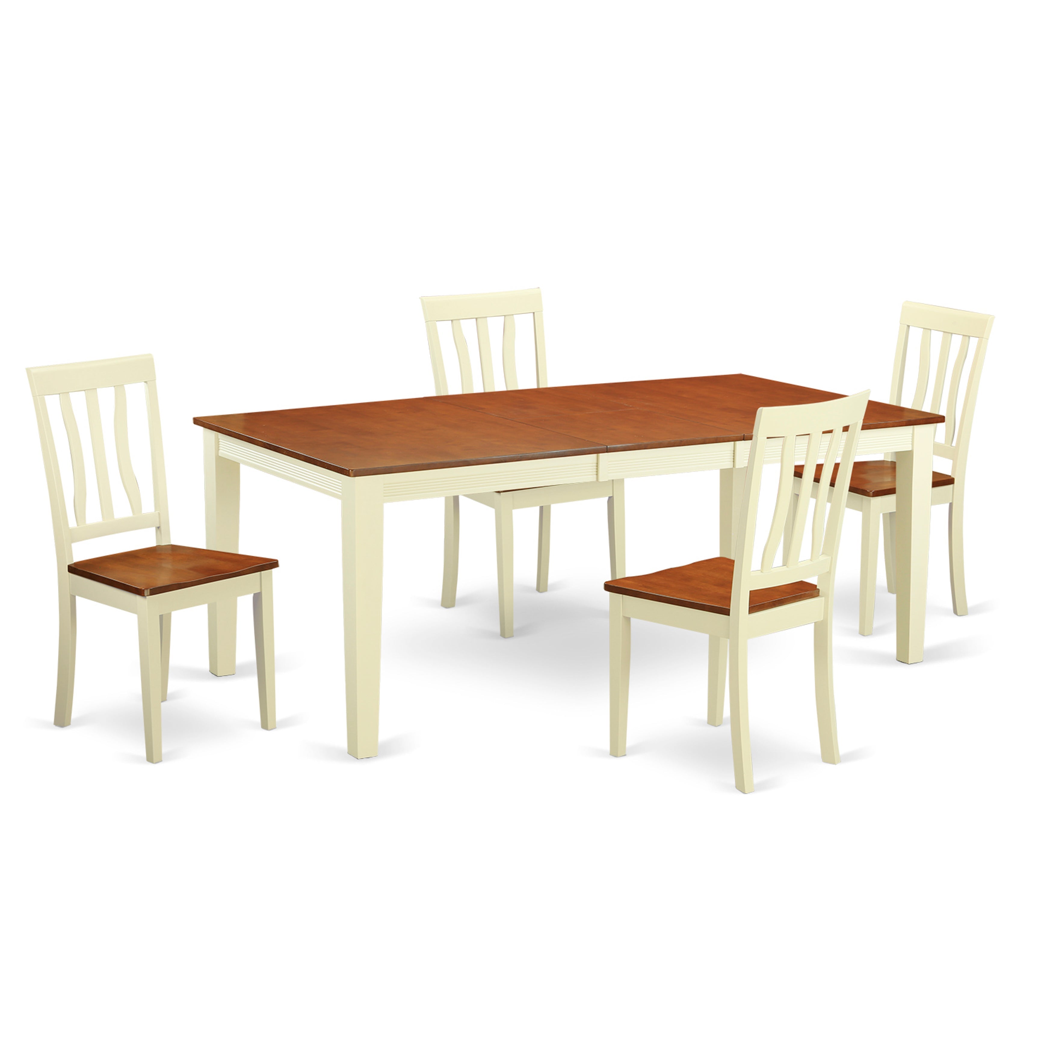 Juego de muebles de comedor de 5 piezas East West Furniture QUAN5-WHI-W. Incluye una mesa rectangular de madera con diseño de hojas de mariposa y 4 sillas de comedor de cocina.
