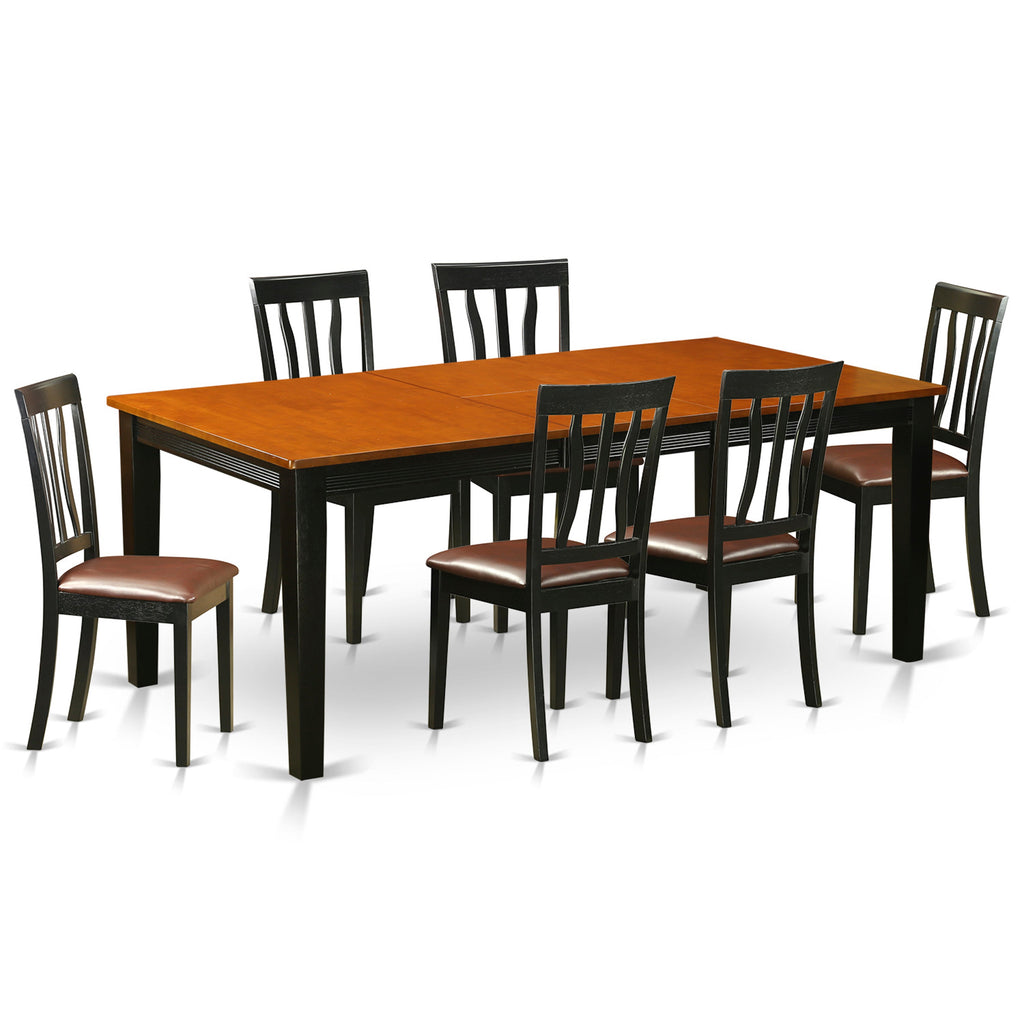 Juego de mesa y sillas de cocina de 7 piezas East West Furniture QUAN7-BCH-LC. Incluye una mesa de comedor rectangular con diseño de hojas de mariposa y 6 sillas tapizadas en piel sintética.