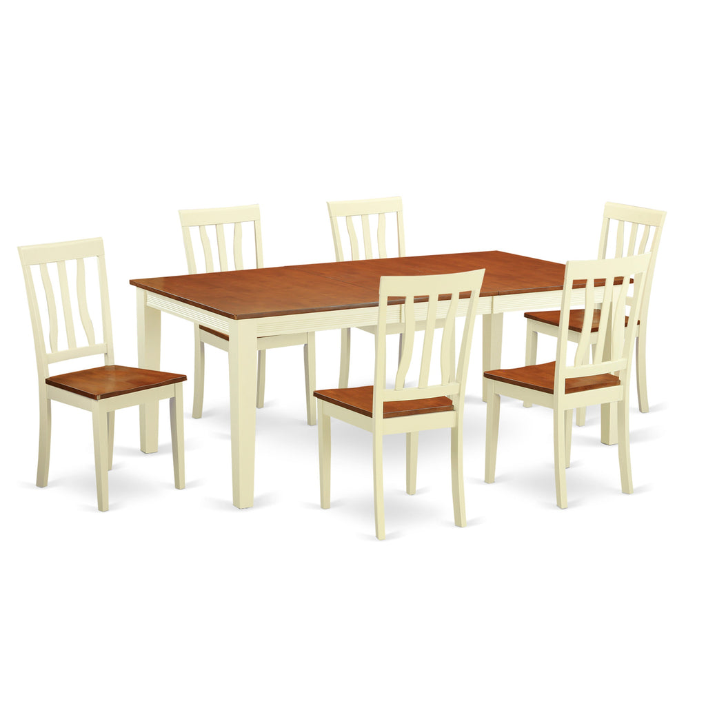 Juego de mesa de comedor de 7 piezas East West Furniture QUAN7-WHI-W compuesto por una mesa de comedor rectangular con hojas de mariposa y 6 sillas de comedor.