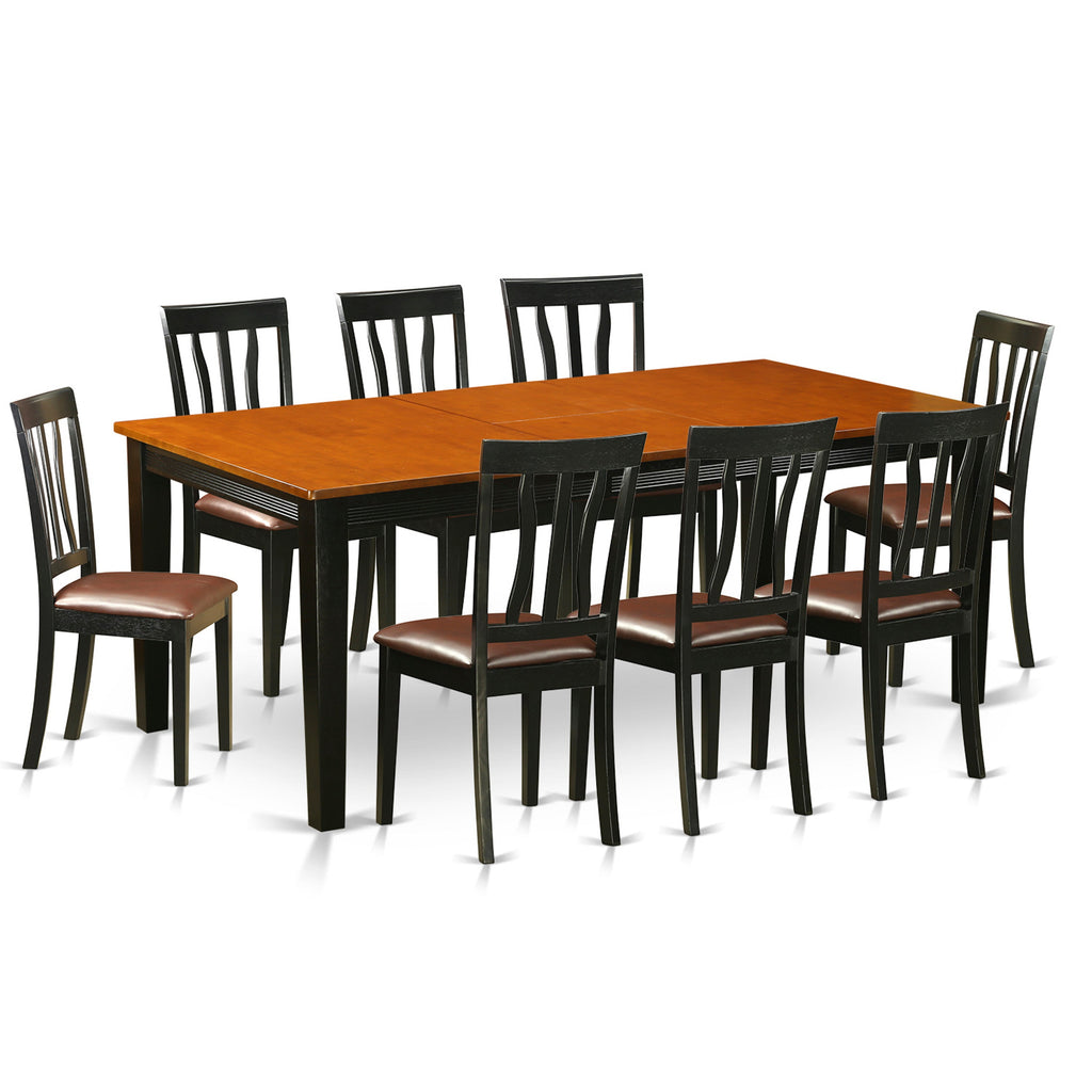 El juego de mesa de comedor de 9 piezas East West Furniture QUAN9-BCH-LC incluye una mesa de comedor rectangular con hojas de mariposa y 8 sillas tapizadas en piel sintética.