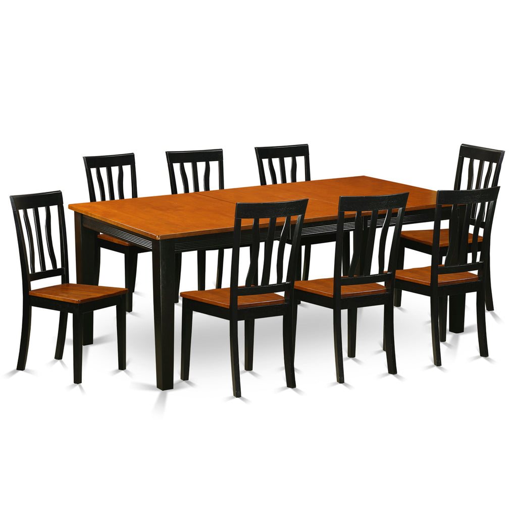 Juego de mesa y sillas de cocina de 9 piezas East West Furniture QUAN9-BCH-W. Incluye una mesa de comedor rectangular con hojas de mariposa y 8 sillas con asiento de madera maciza.