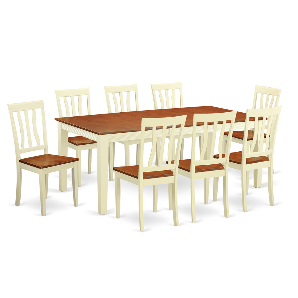 Juego de muebles de comedor East West Furniture QUAN9-WHI-W de 9 piezas. Incluye una mesa de cocina rectangular con diseño de hojas de mariposa y 8 sillas de comedor.