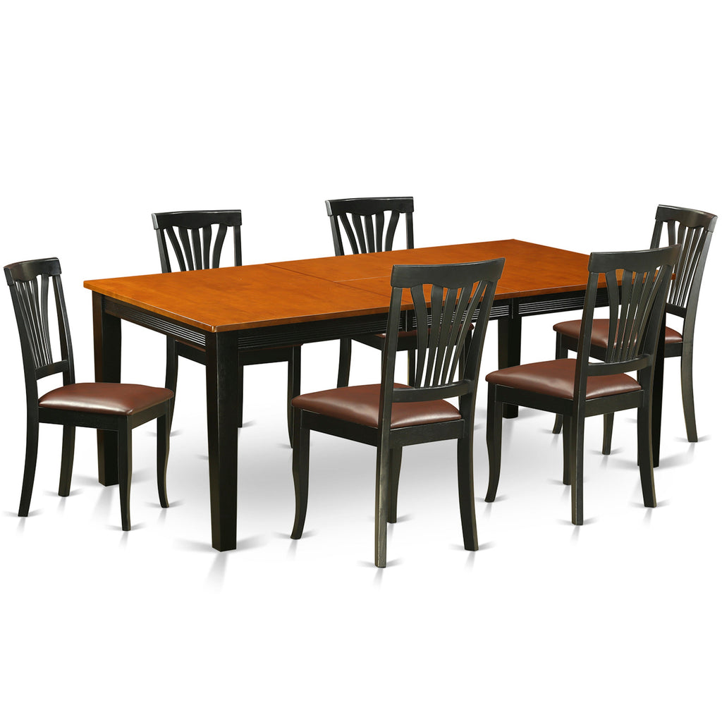 El juego de mesa de cocina de 7 piezas QUAV7-BCH-LC de East West Furniture consta de una mesa de comedor rectangular con hojas de mariposa y 6 sillas de comedor de cuero sintético.