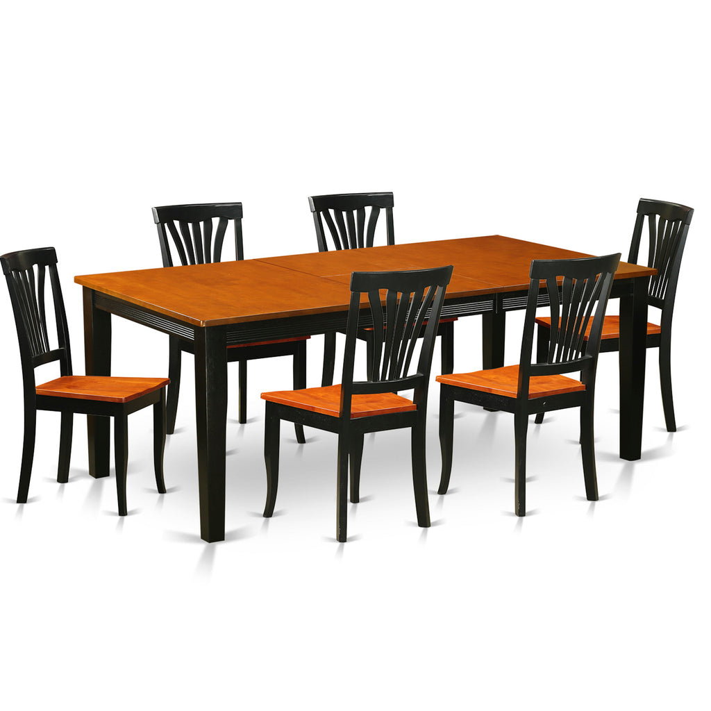 Juego de mesa de comedor moderna de 7 piezas East West Furniture QUAV7-BCH-W compuesto por una mesa rectangular de madera con diseño de hojas de mariposa y 6 sillas de comedor de cocina.