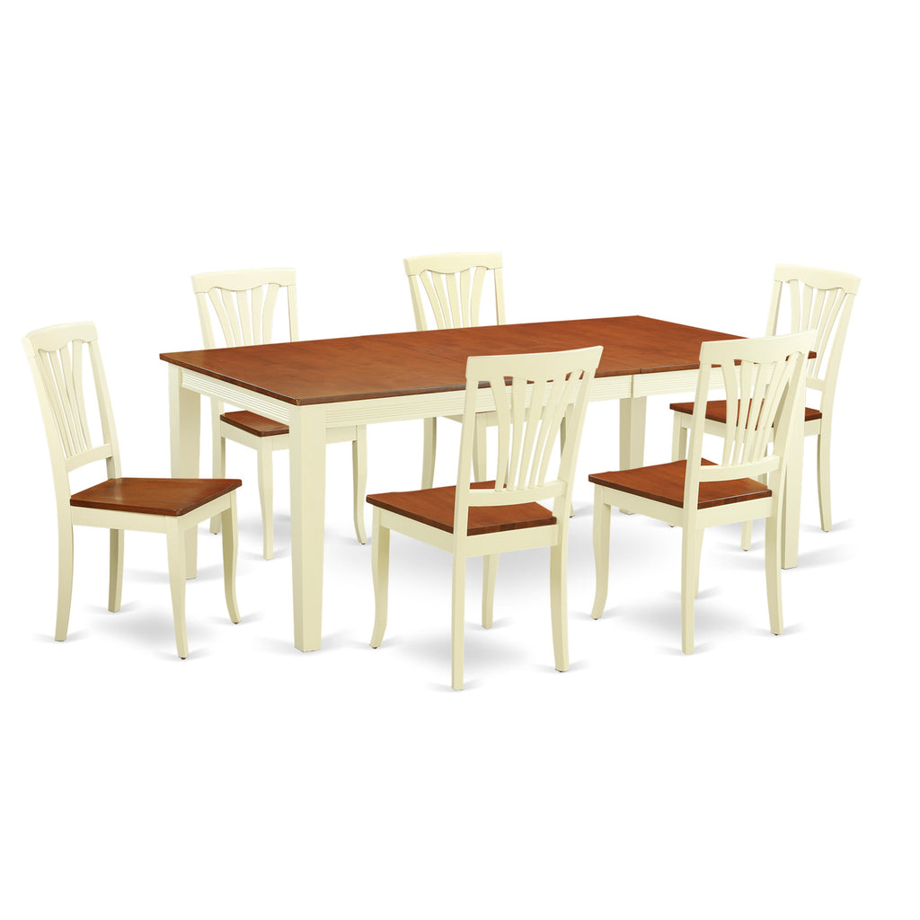 Juego de mesa de comedor de 7 piezas QUAV7-WHI-W de East West Furniture. Incluye una mesa rectangular con diseño de hojas de mariposa y 6 sillas de madera.