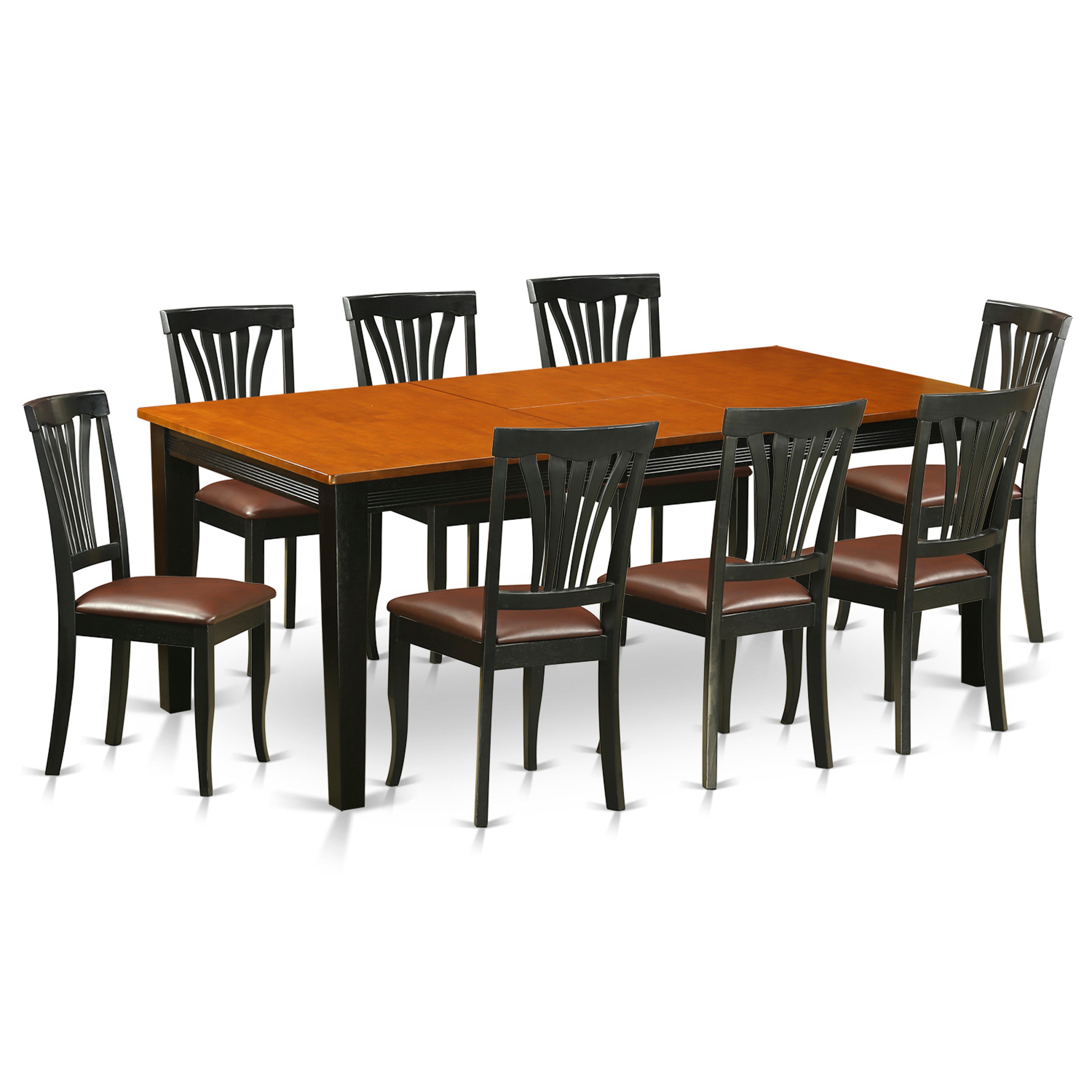 El juego de mesa de comedor de 9 piezas QUAV9-BCH-LC de East West Furniture incluye una mesa rectangular de madera con diseño de hojas de mariposa y 8 sillas de comedor de piel sintética.