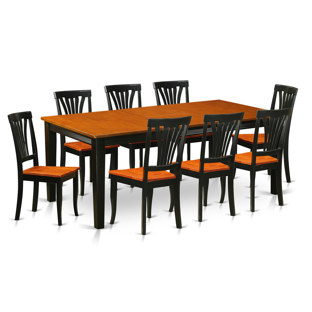 El juego de mesa de comedor de 9 piezas QUAV9-BCH-W de East West Furniture incluye una mesa de comedor rectangular con hojas de mariposa y 8 sillas con asiento de madera.