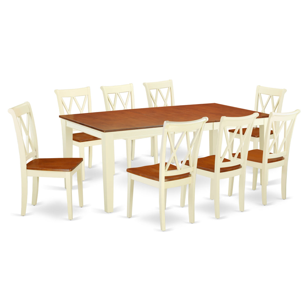 Juego de comedor de 9 piezas East West Furniture QUCL9-BMK-W. Incluye una mesa de cocina rectangular con diseño de hojas de mariposa y 8 sillas de comedor.