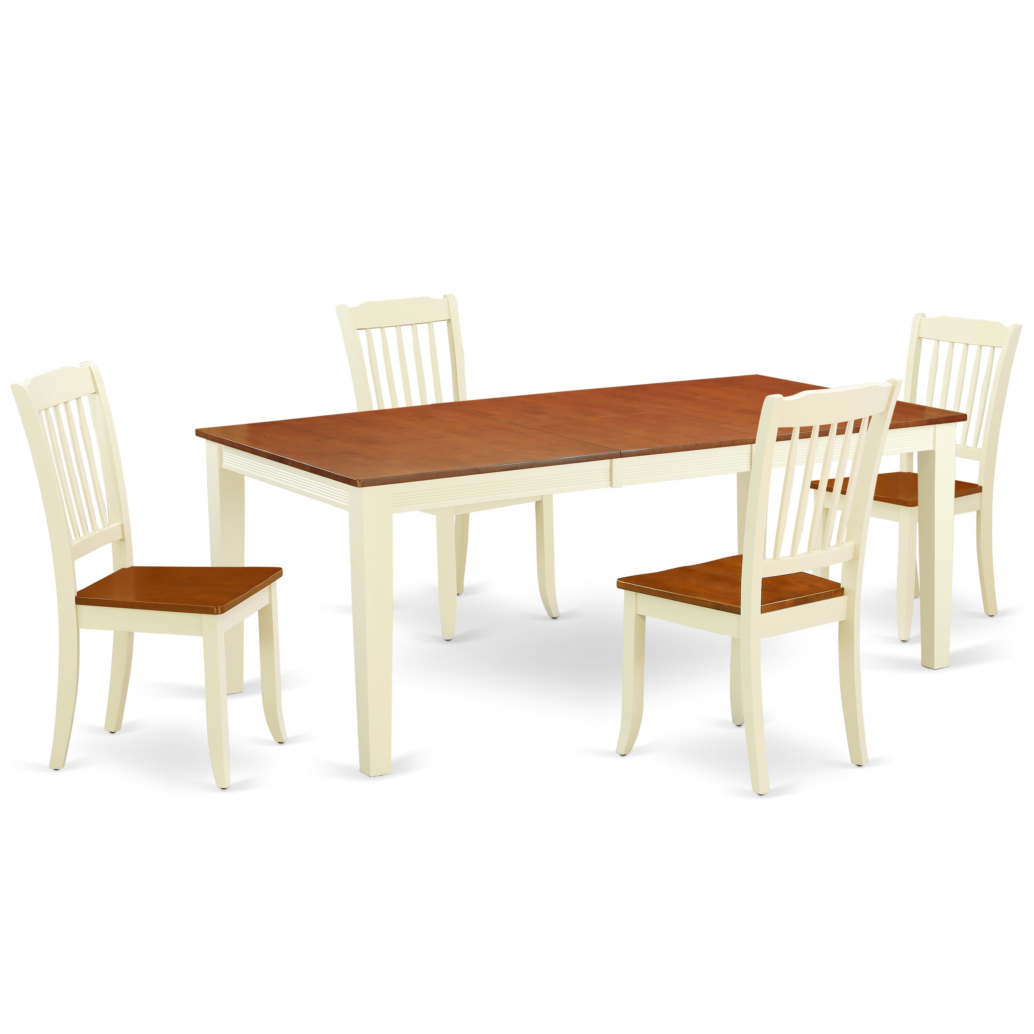 Juego de mesa de cocina de 5 piezas East West Furniture QUDA5-BMK-W para 4 personas. Incluye una mesa de comedor rectangular con diseño de hojas de mariposa y 4 sillas de madera maciza.