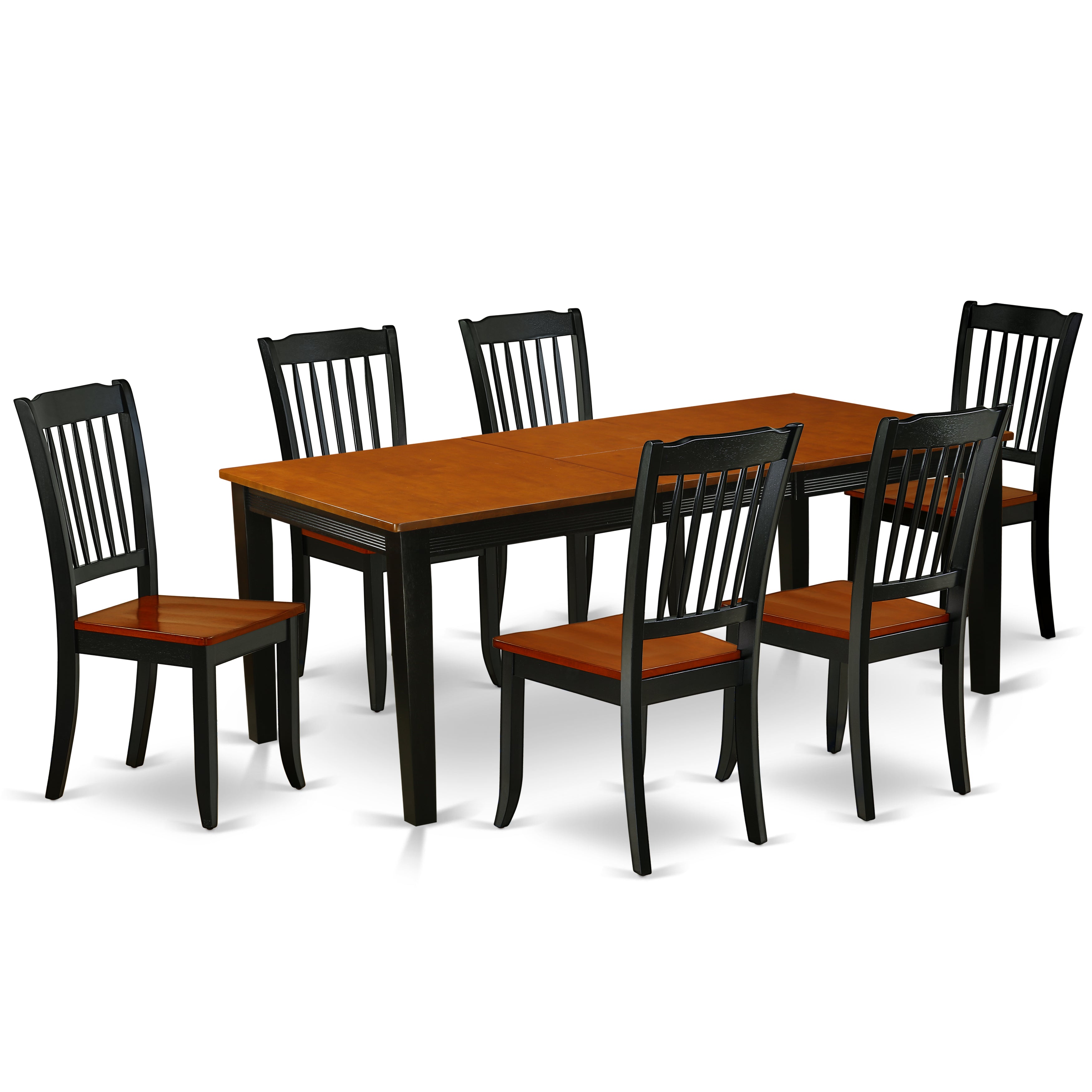 QUDA7-BCH-W 7PC Rectangular 60/78 inch Table with 18 In Leaf and 6 vertical slatted Chairs