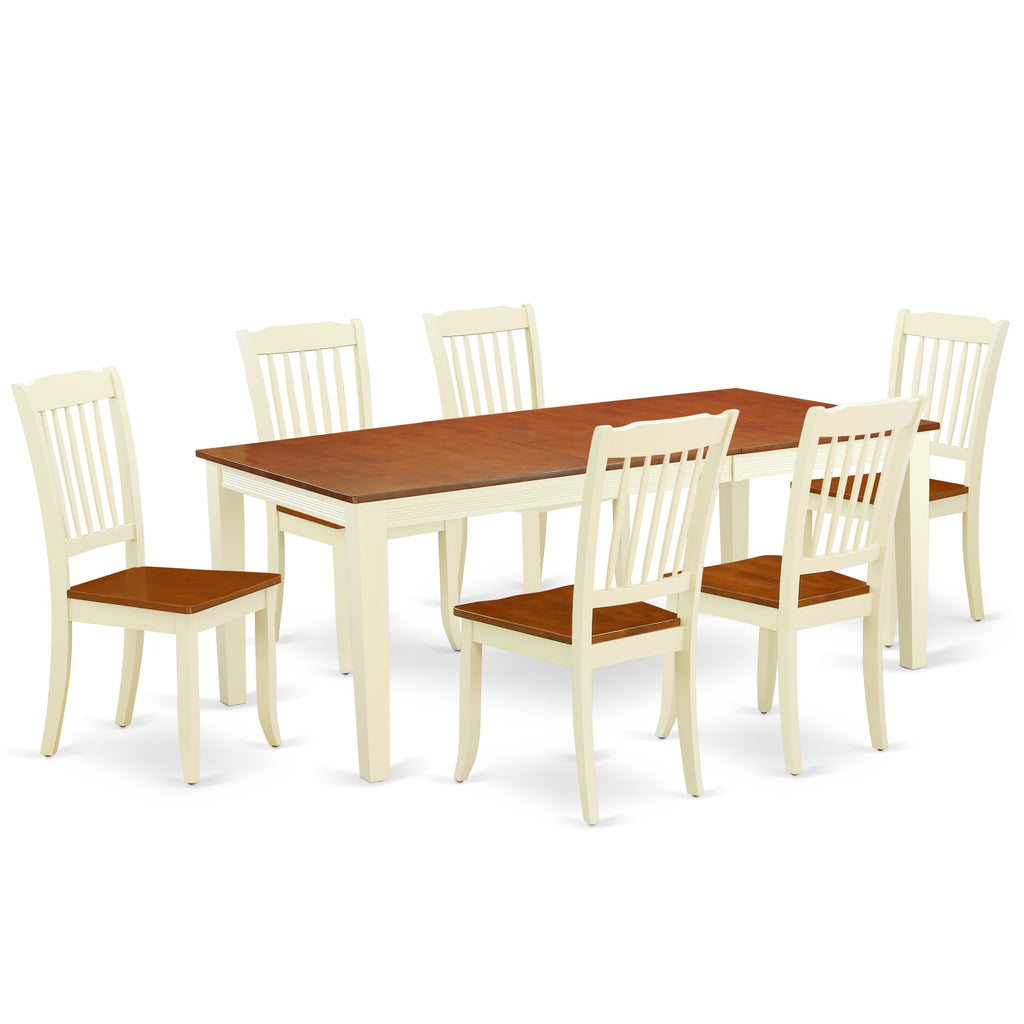 Juego de mesa de comedor de 7 piezas East West Furniture QUDA7-BMK-W compuesto por una mesa rectangular de madera con diseño de hojas de mariposa y 6 sillas de comedor.