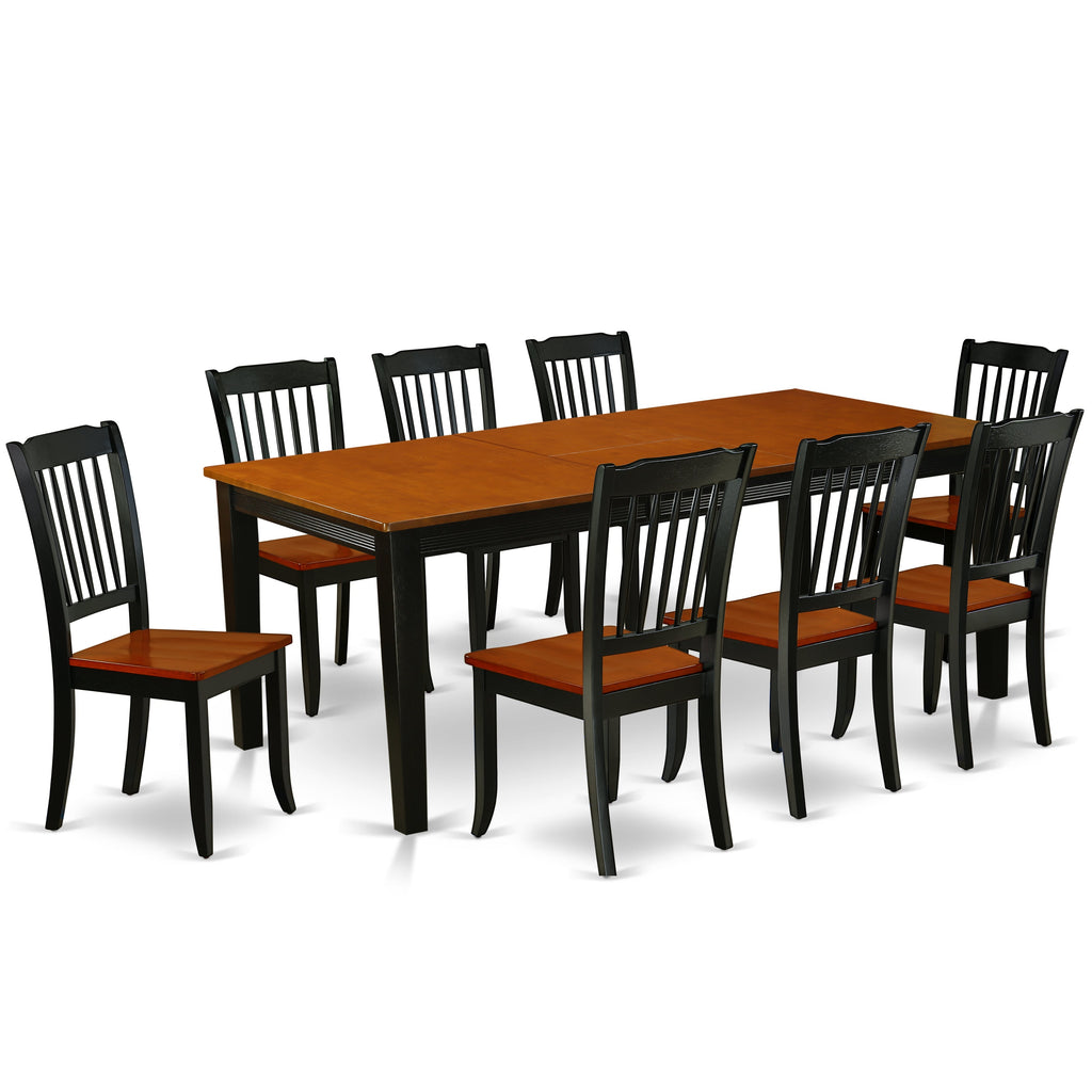 El juego de mesa de comedor moderno East West Furniture QUDA9-BCH-W de 9 piezas incluye una mesa rectangular de madera con diseño de hojas de mariposa y 8 sillas de comedor.
