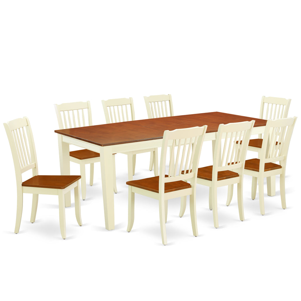 El juego de mesa de comedor de 9 piezas QUDA9-BMK-W de East West Furniture incluye una mesa rectangular de madera con diseño de hojas de mariposa y 8 sillas de comedor.
