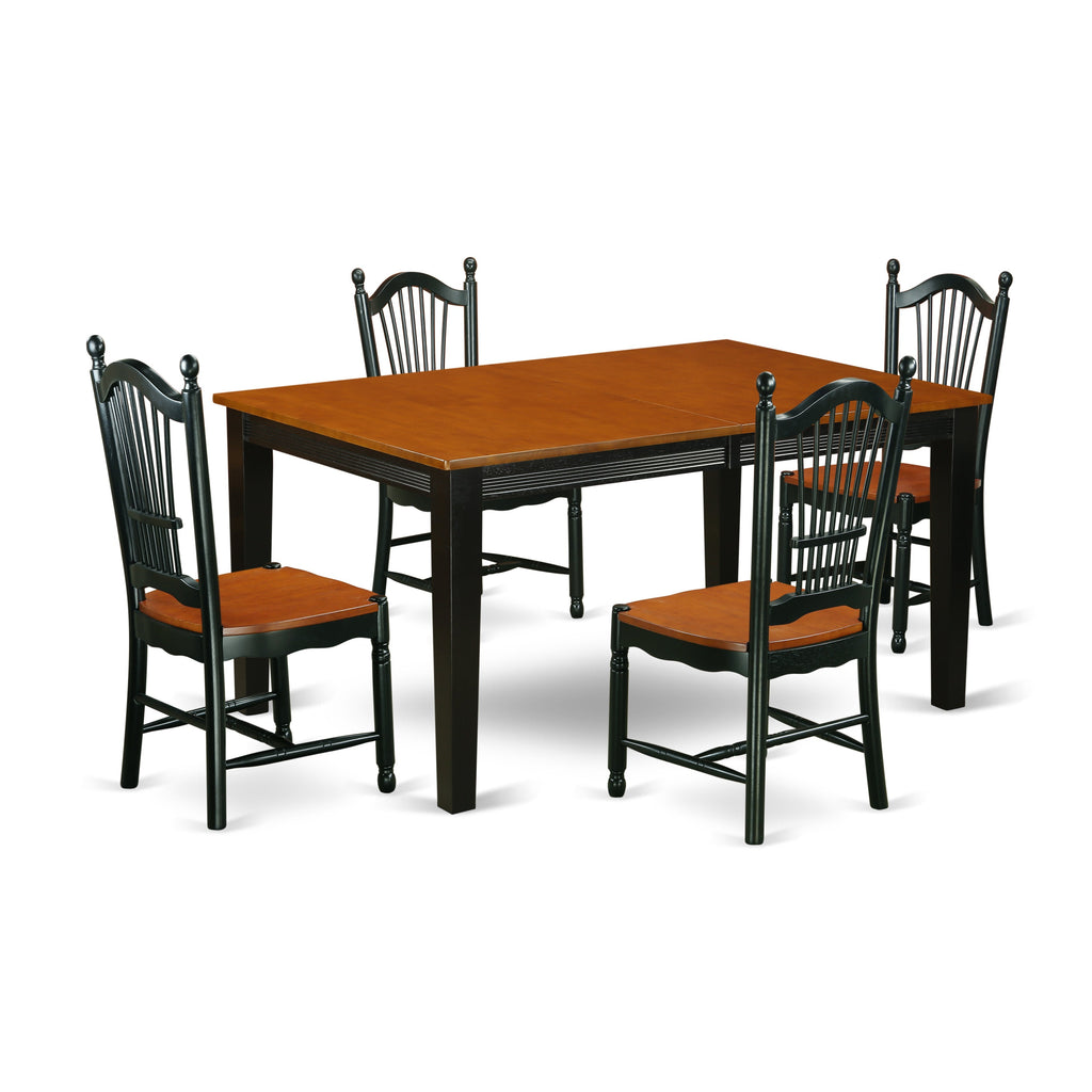 El juego de mesa de comedor moderno de 5 piezas QUDO5-BCH-W de East West Furniture incluye una mesa rectangular de madera con diseño de hojas de mariposa y 4 sillas de comedor.