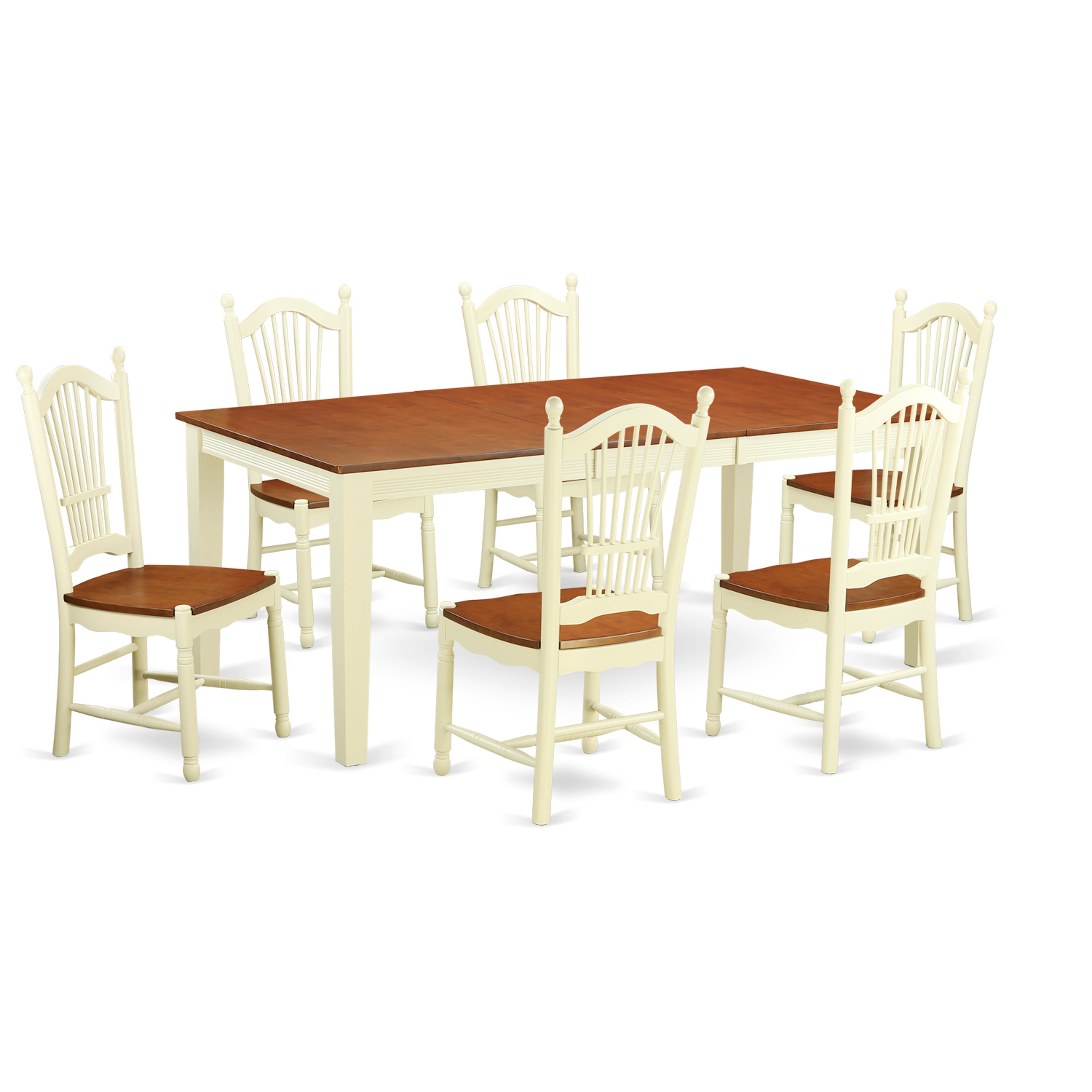 Juego de mesa y sillas de cocina de 7 piezas QUDO7-WHI-W de East West Furniture. Incluye una mesa de comedor rectangular con diseño de hojas de mariposa y 6 sillas de madera maciza.