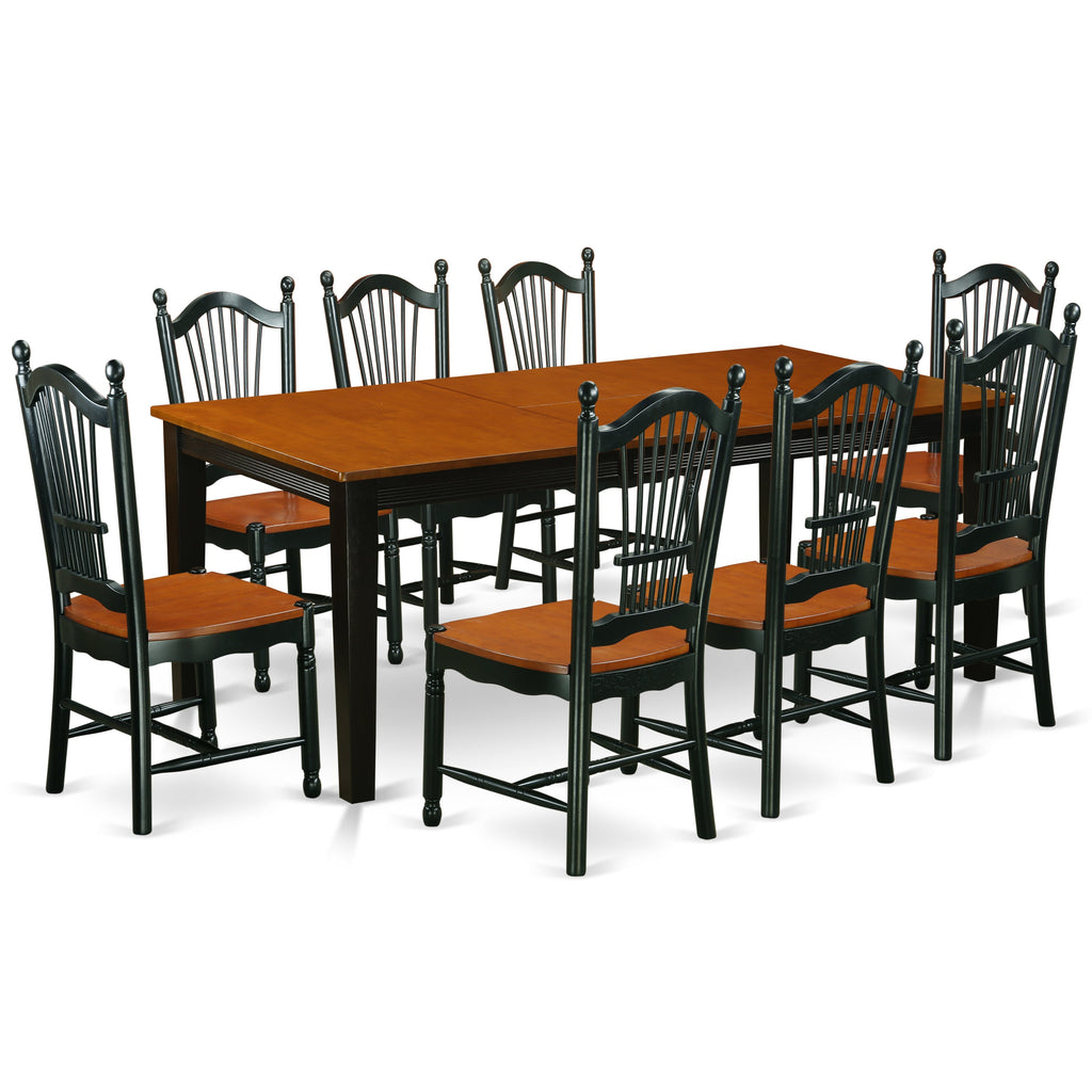 El juego de mesa de comedor de 9 piezas QUDO9-BCH-W de East West Furniture incluye una mesa de comedor rectangular con hojas de mariposa y 8 sillas con asiento de madera.