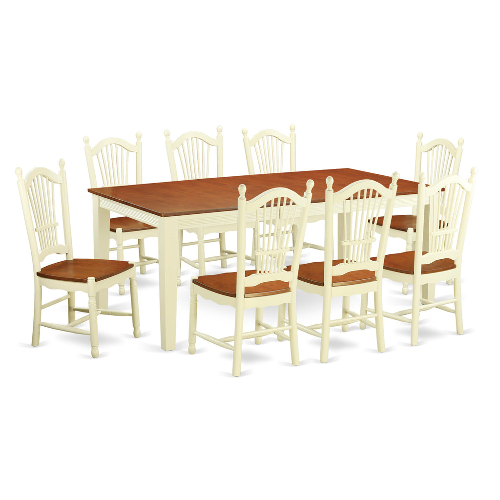 El juego de mesa de cocina de 9 piezas QUDO9-WHI-W de East West Furniture incluye una mesa de comedor rectangular con hojas de mariposa y 8 sillas de comedor.