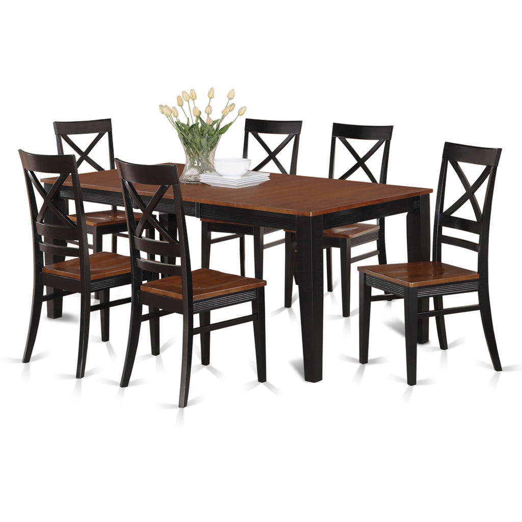 Juego de mesa y sillas de cocina East West Furniture QUIN7-BLK-W de 7 piezas. Incluye una mesa de comedor rectangular con diseño de hojas de mariposa y 6 sillas de comedor.