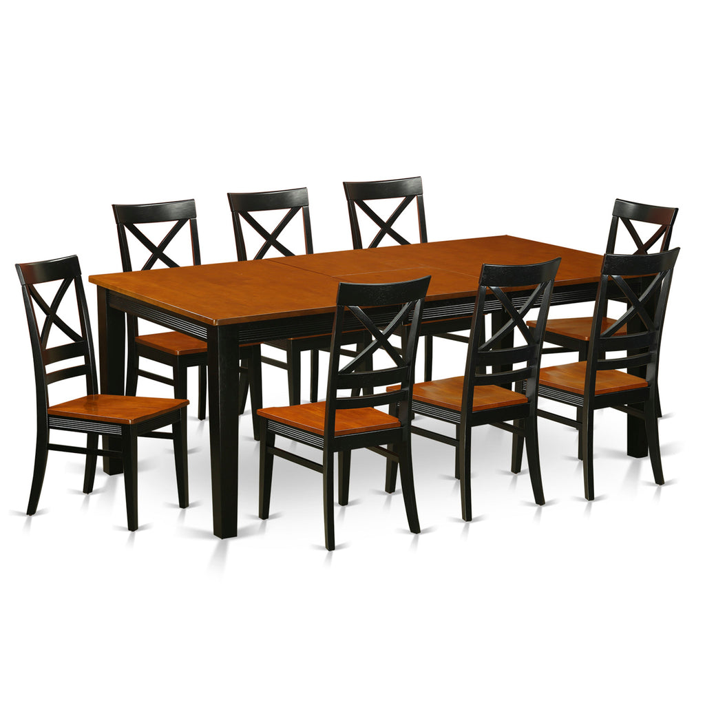 El juego de muebles de comedor East West Furniture QUIN9-BLK-W de 9 piezas incluye una mesa rectangular de madera con hojas de mariposa y 8 sillas de comedor de cocina.