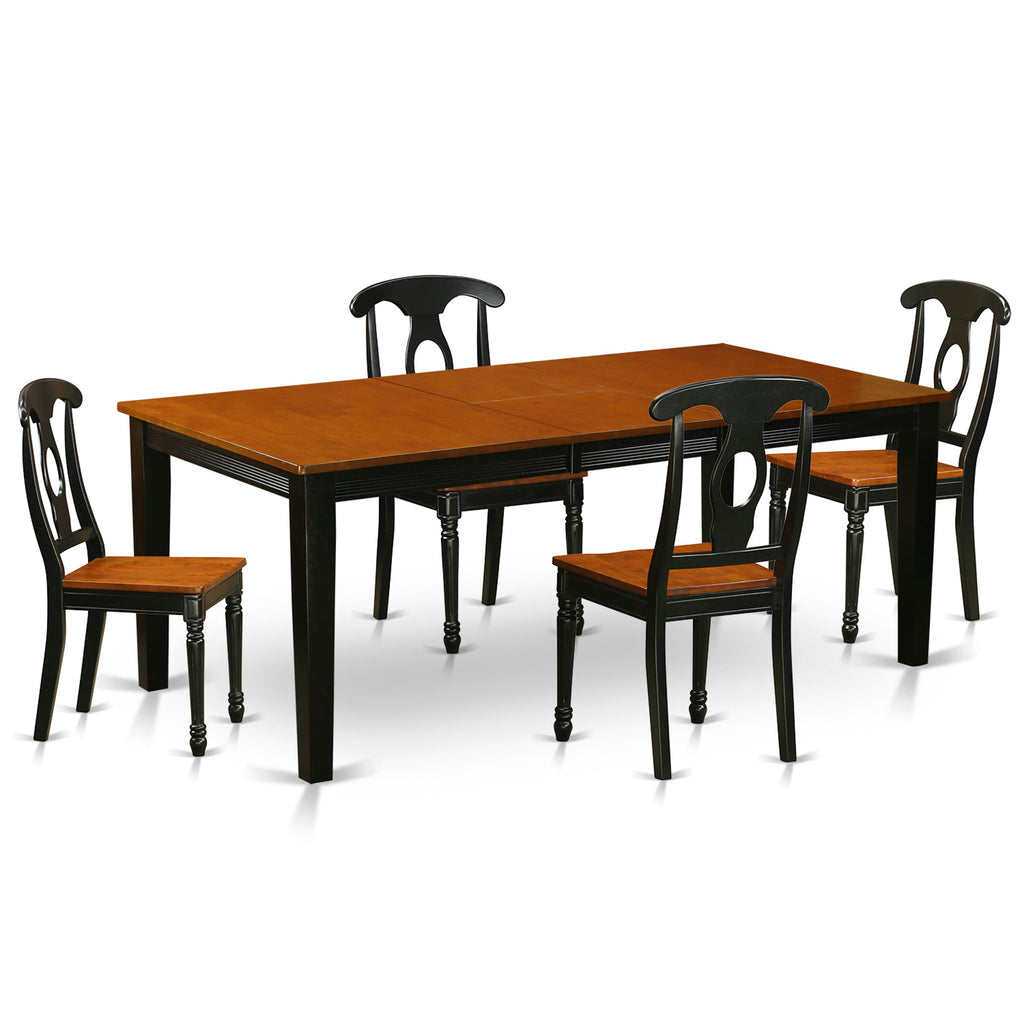 Juego de mesa de cocina de 5 piezas East West Furniture QUKE5-BCH-W para 4 personas. Incluye una mesa de comedor rectangular con diseño de hojas de mariposa y 4 sillas de comedor.