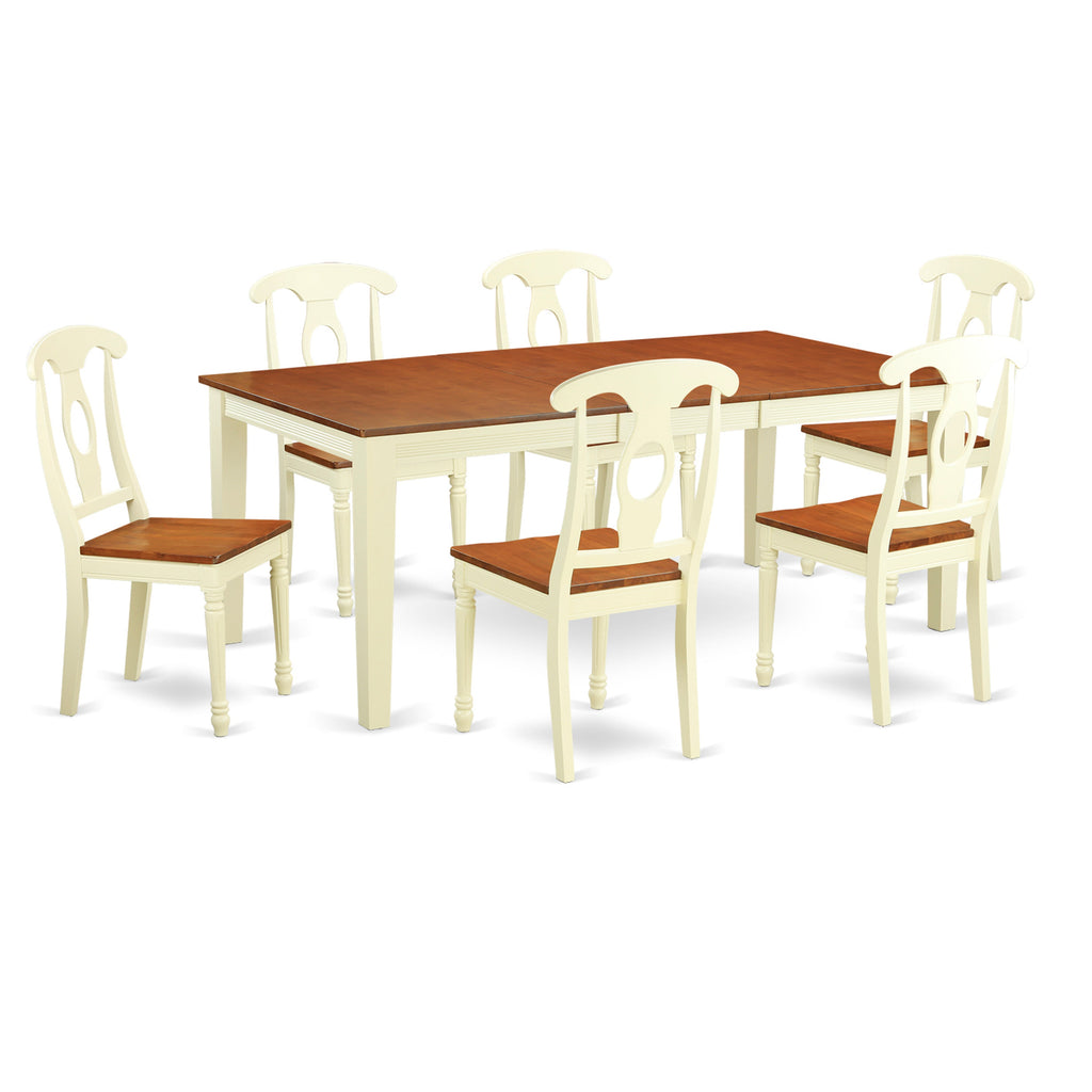 Juego de comedor de 7 piezas East West Furniture QUKE7-WHI-W compuesto por una mesa de cocina rectangular con diseño de hojas de mariposa y 6 sillas de comedor.