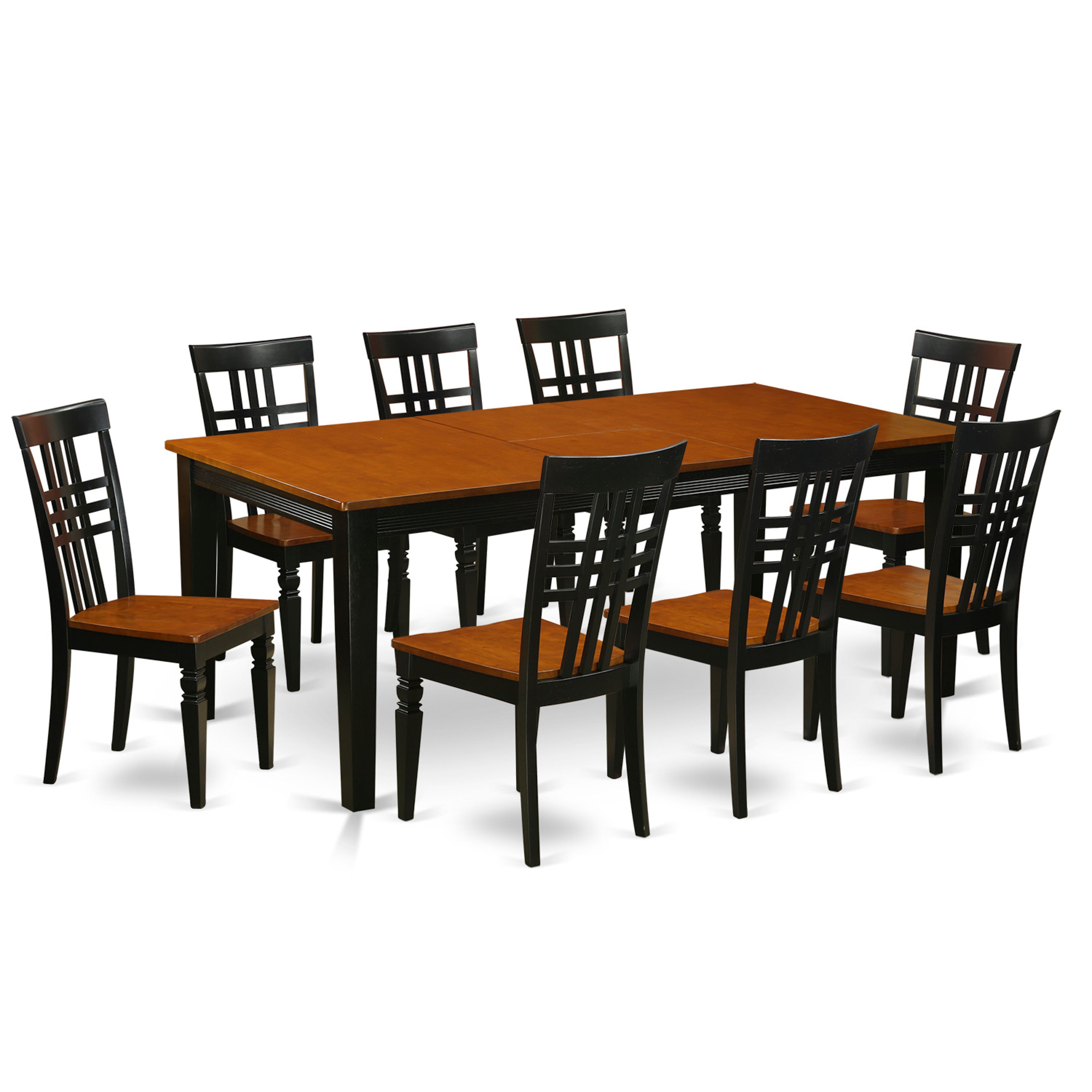 Juego de mesa de comedor de 9 piezas East West Furniture QULG9-BCH-W. Incluye una mesa de comedor rectangular con hojas de mariposa y 8 sillas con asiento de madera.