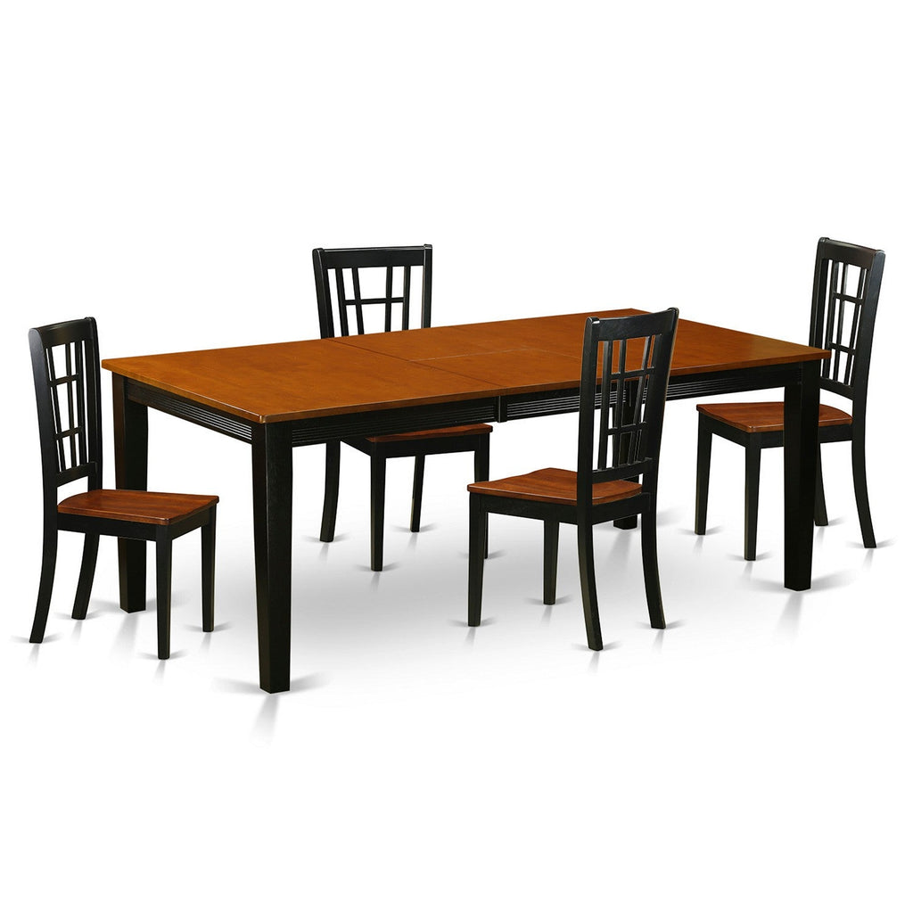 El juego de mesa de comedor de 5 piezas QUNI5-BCH-W de East West Furniture incluye una mesa de cocina rectangular con diseño de hojas de mariposa y 4 sillas de comedor.