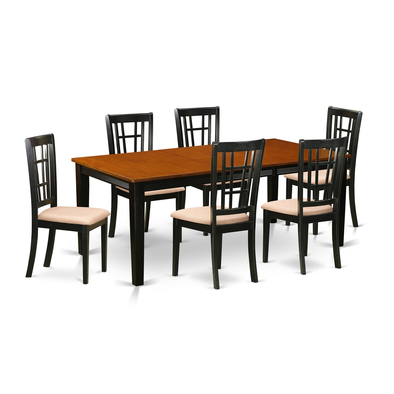 Juego de comedor de 7 piezas East West Furniture QUNI7-BCH-C compuesto por una mesa de cocina rectangular con diseño de hojas de mariposa y 6 sillas tapizadas en tela de lino.