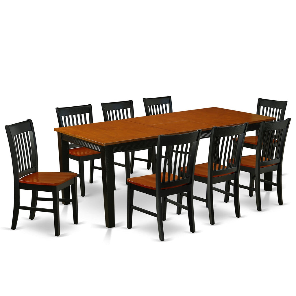 Juego de comedor de 9 piezas East West Furniture QUNO9-BCH-W. Incluye una mesa de comedor rectangular con hojas de mariposa y 8 sillas de cocina.