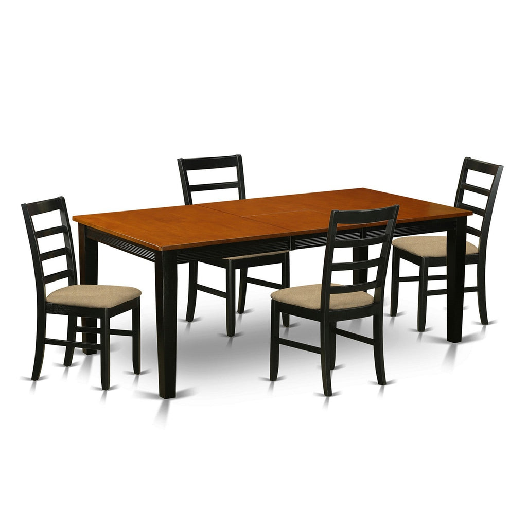El juego de mesa de comedor de 5 piezas QUPF5-BCH-C de East West Furniture incluye una mesa de cocina rectangular con hojas de mariposa y 4 sillas de comedor tapizadas en tela de lino.