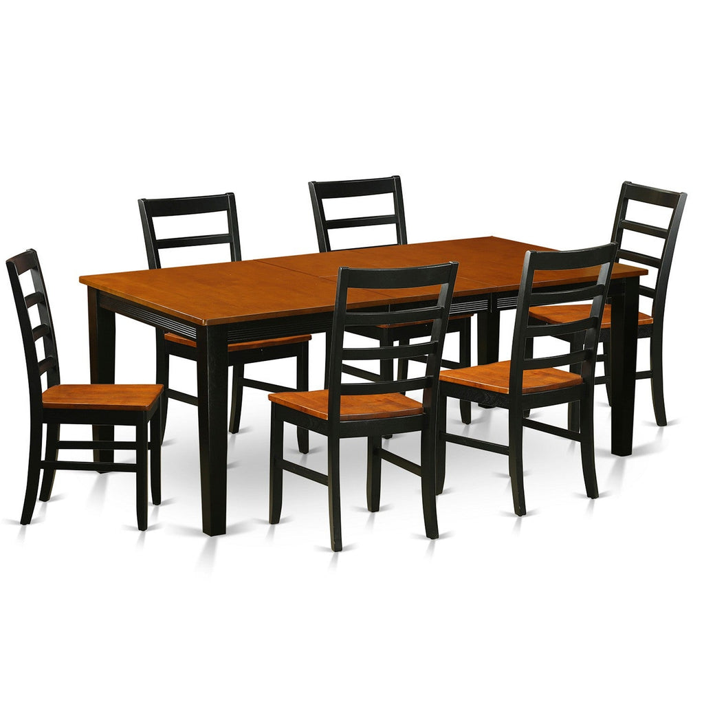 Juego de mesa y sillas de cocina East West Furniture QUPF7-BCH-W de 7 piezas. Incluye una mesa de comedor rectangular con hojas de mariposa y 6 sillas de comedor.