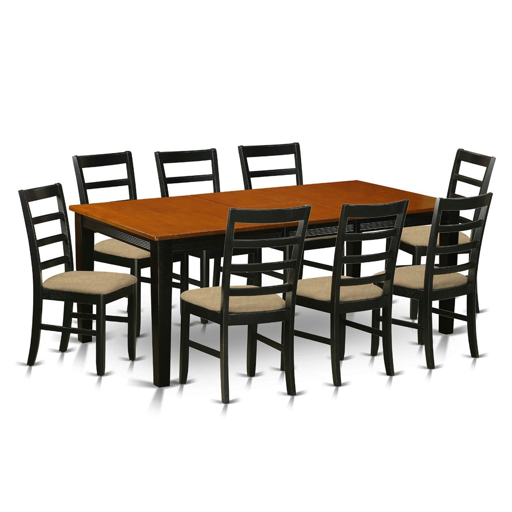 El juego de mesa de comedor East West Furniture QUPF9-BCH-C de 9 piezas incluye una mesa de comedor rectangular con diseño de hojas de mariposa y 8 sillas de comedor de tela de lino.