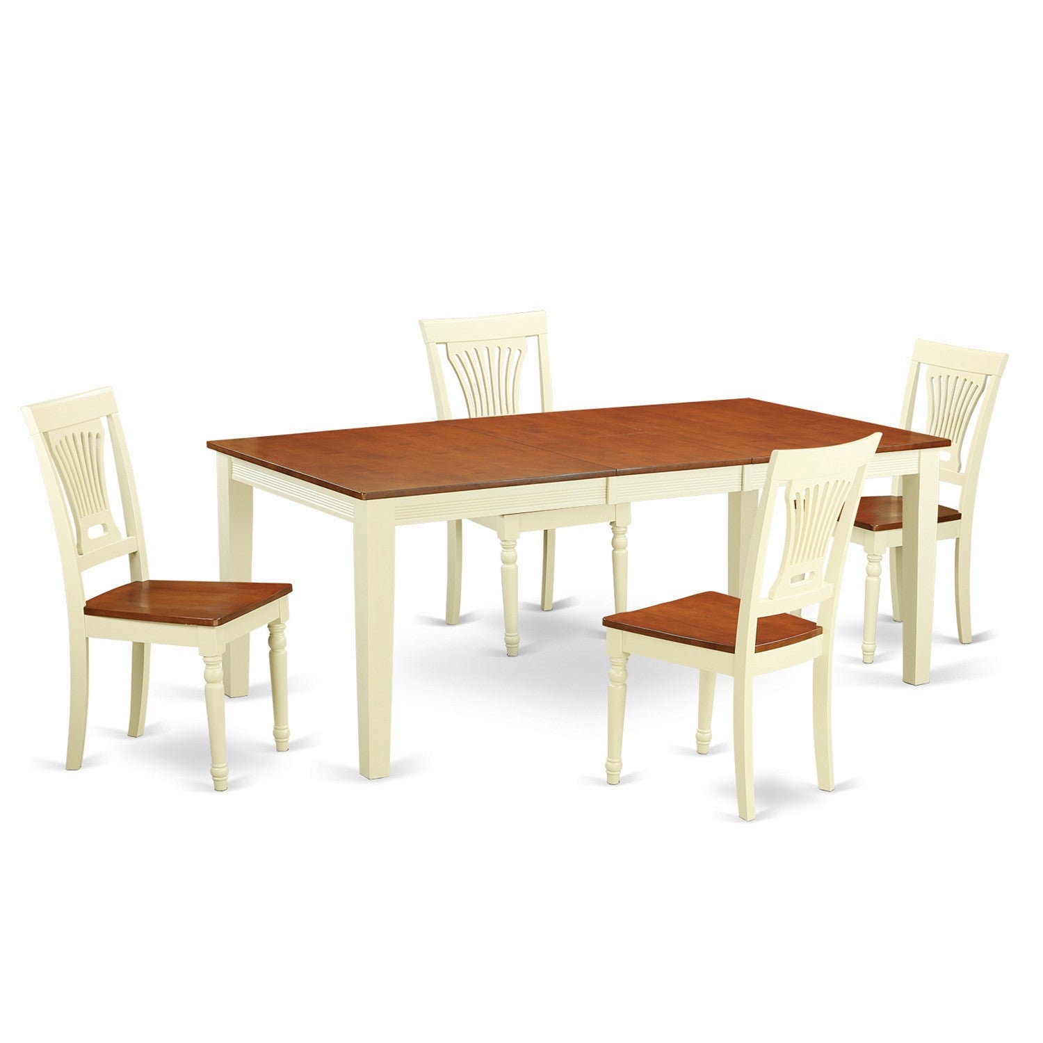 El juego de mesa de comedor moderno de 5 piezas QUPL5-WHI-W de East West Furniture incluye una mesa rectangular de madera con diseño de hojas de mariposa y 4 sillas de comedor.
