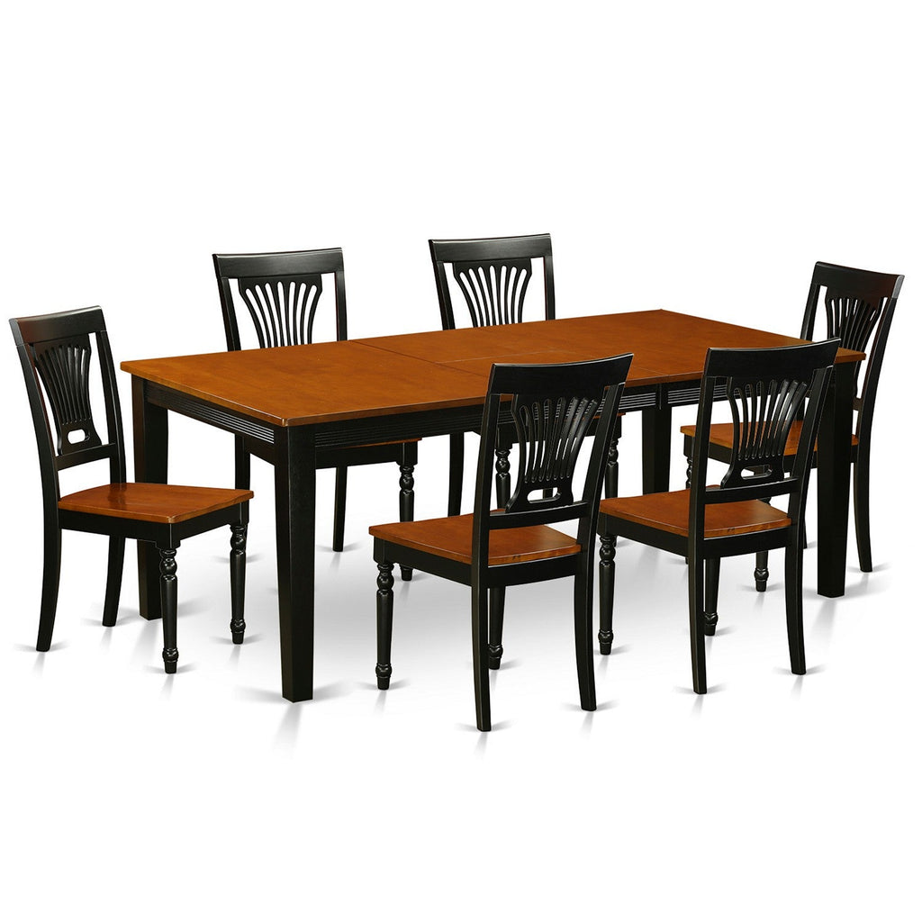 Juego de mesa de comedor moderna de 7 piezas East West Furniture QUPL7-BCH-W compuesto por una mesa rectangular de madera con diseño de hojas de mariposa y 6 sillas de comedor.