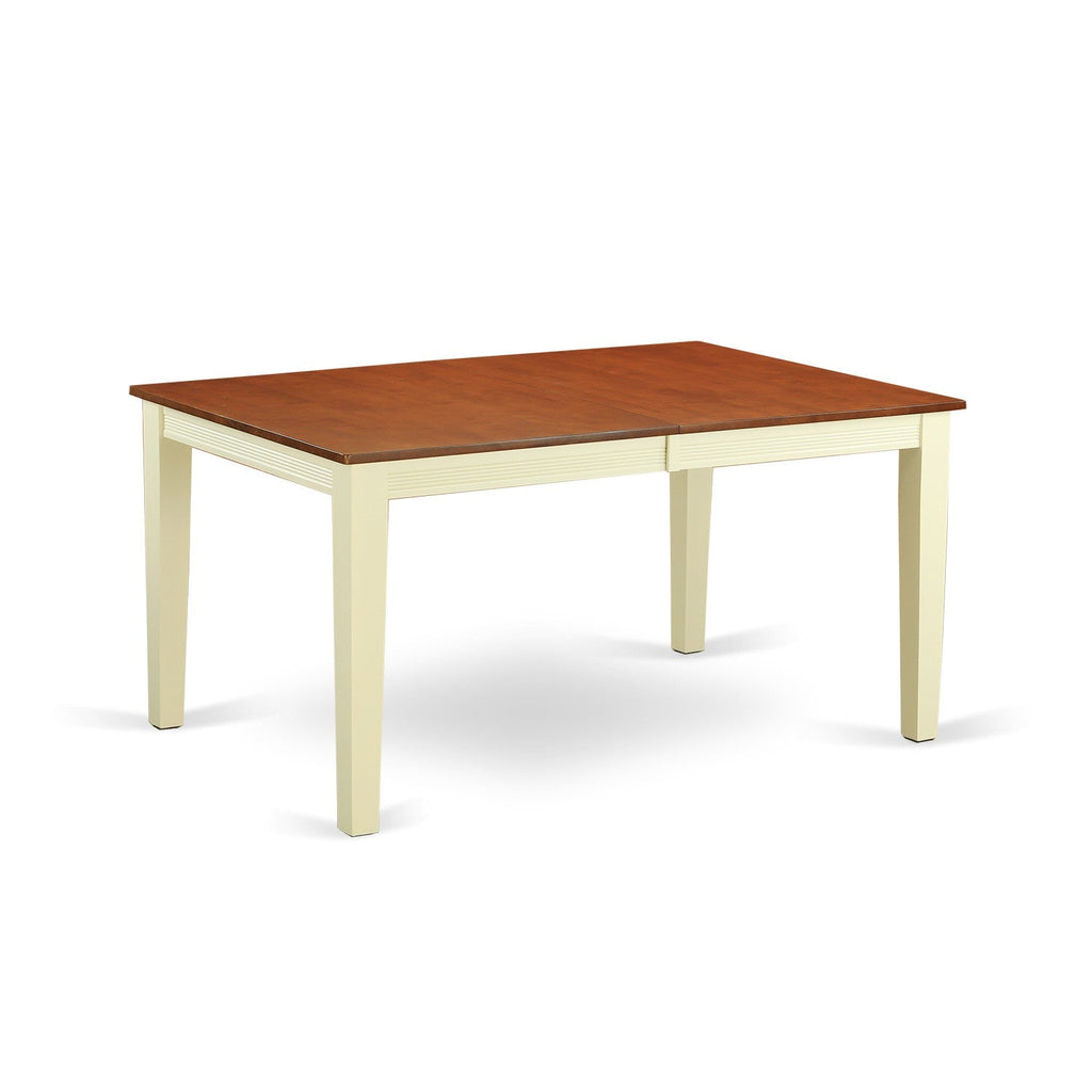 Juego de mesa de comedor de 7 piezas East West Furniture QUAN7-WHI-W compuesto por una mesa de comedor rectangular con hojas de mariposa y 6 sillas de comedor.