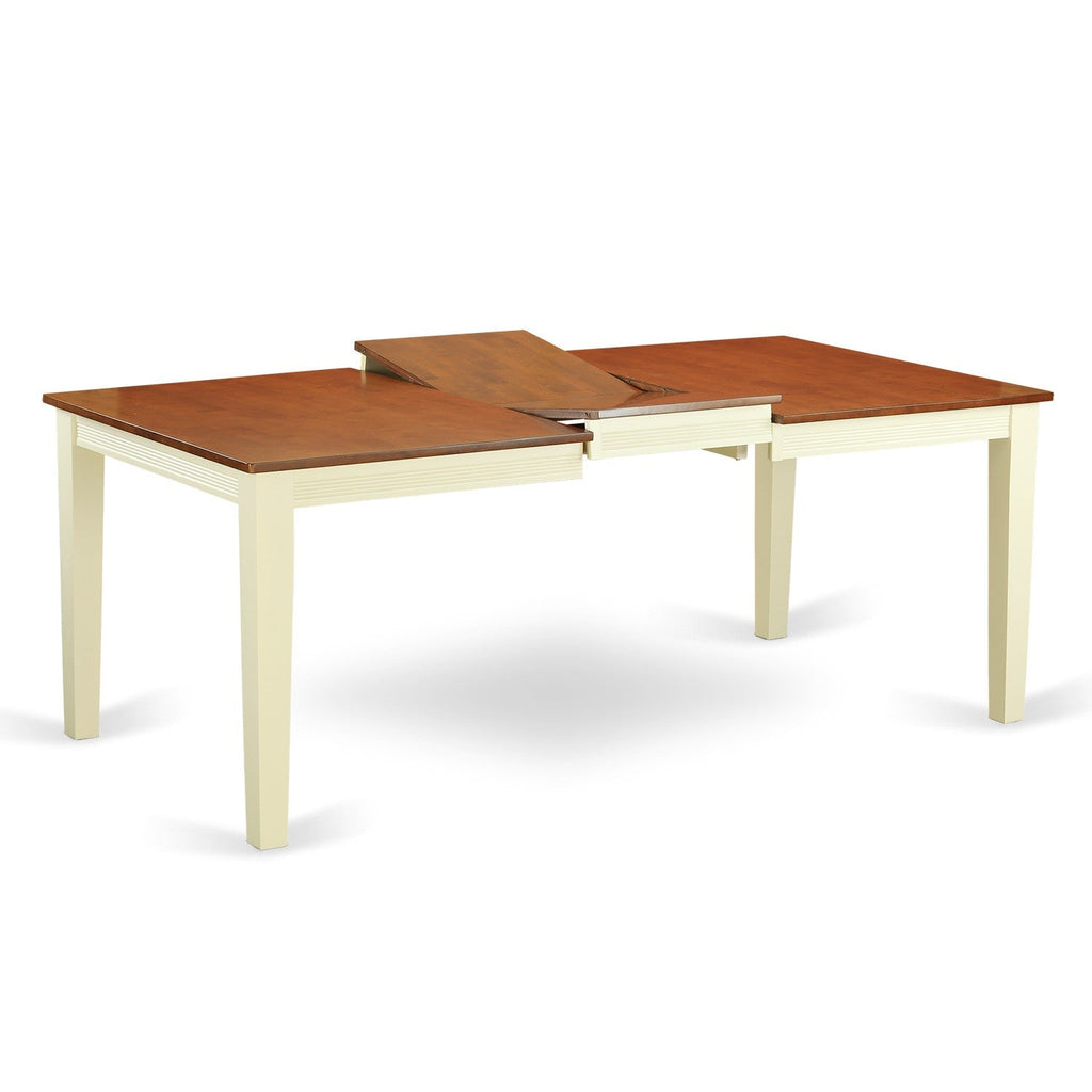 Juego de mesa de comedor de 7 piezas East West Furniture QUAN7-WHI-W compuesto por una mesa de comedor rectangular con hojas de mariposa y 6 sillas de comedor.