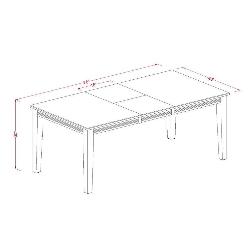 Juego de mesa de comedor de 7 piezas East West Furniture QUAN7-WHI-W compuesto por una mesa de comedor rectangular con hojas de mariposa y 6 sillas de comedor.