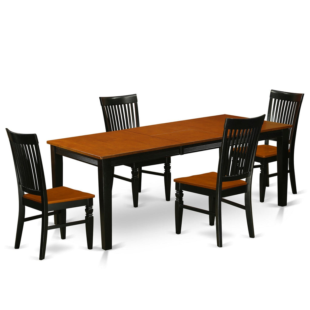Juego de mesa de comedor de 5 piezas East West Furniture QUWE5-BCH-W para 4 personas. Incluye una mesa de cocina rectangular con diseño de hojas de mariposa y 4 sillas de comedor de cocina.