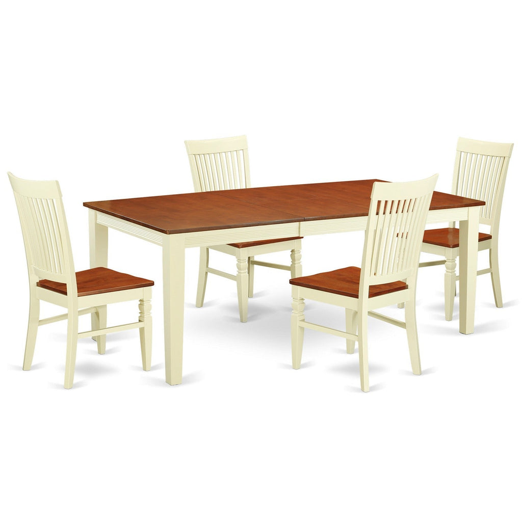Juego de mesa y sillas de cocina de 5 piezas QUWE5-BMK-W de East West Furniture. Incluye una mesa de comedor rectangular con diseño de hojas de mariposa y 4 sillas de comedor.